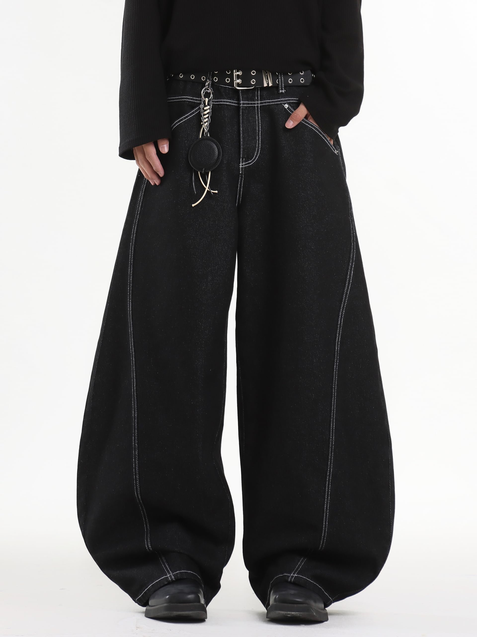 DFGIGT Baggy Barrel Jeans for Men Wide Leg Loose Fit Jeans Y2K Hip Hop Streetwear Denim Pants Oversized Relaxed Trousers 2000s Extreme Motion Skateboard Skate,E10 Black,Large