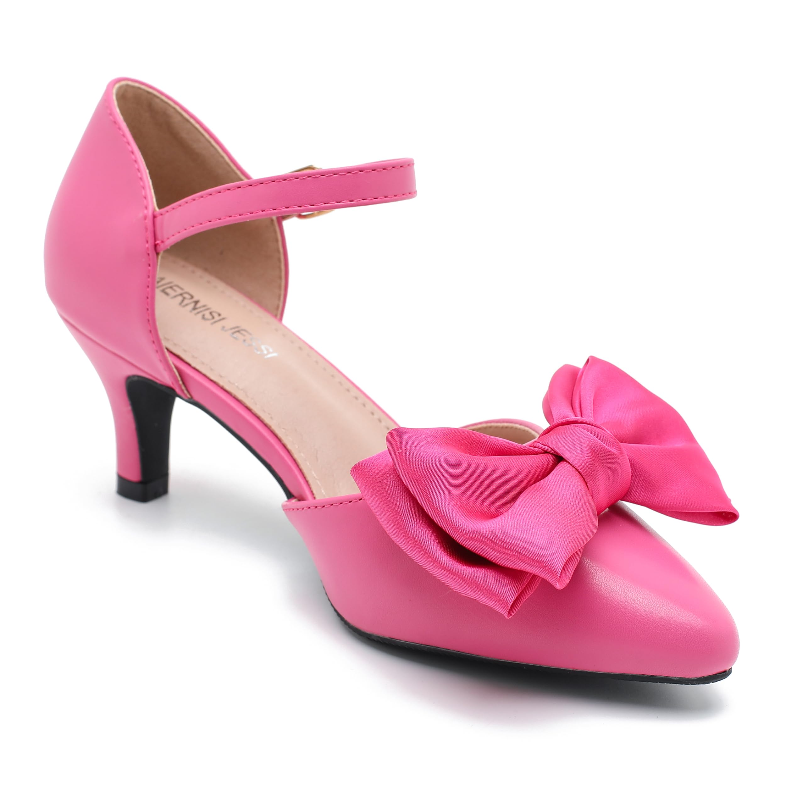 MAIERNISI JESSI Women's Kitten Heel Pumps with Bow, Ankle Strap, Pointed Toe, D'Orsay Style Hot Pink 36 - US 6