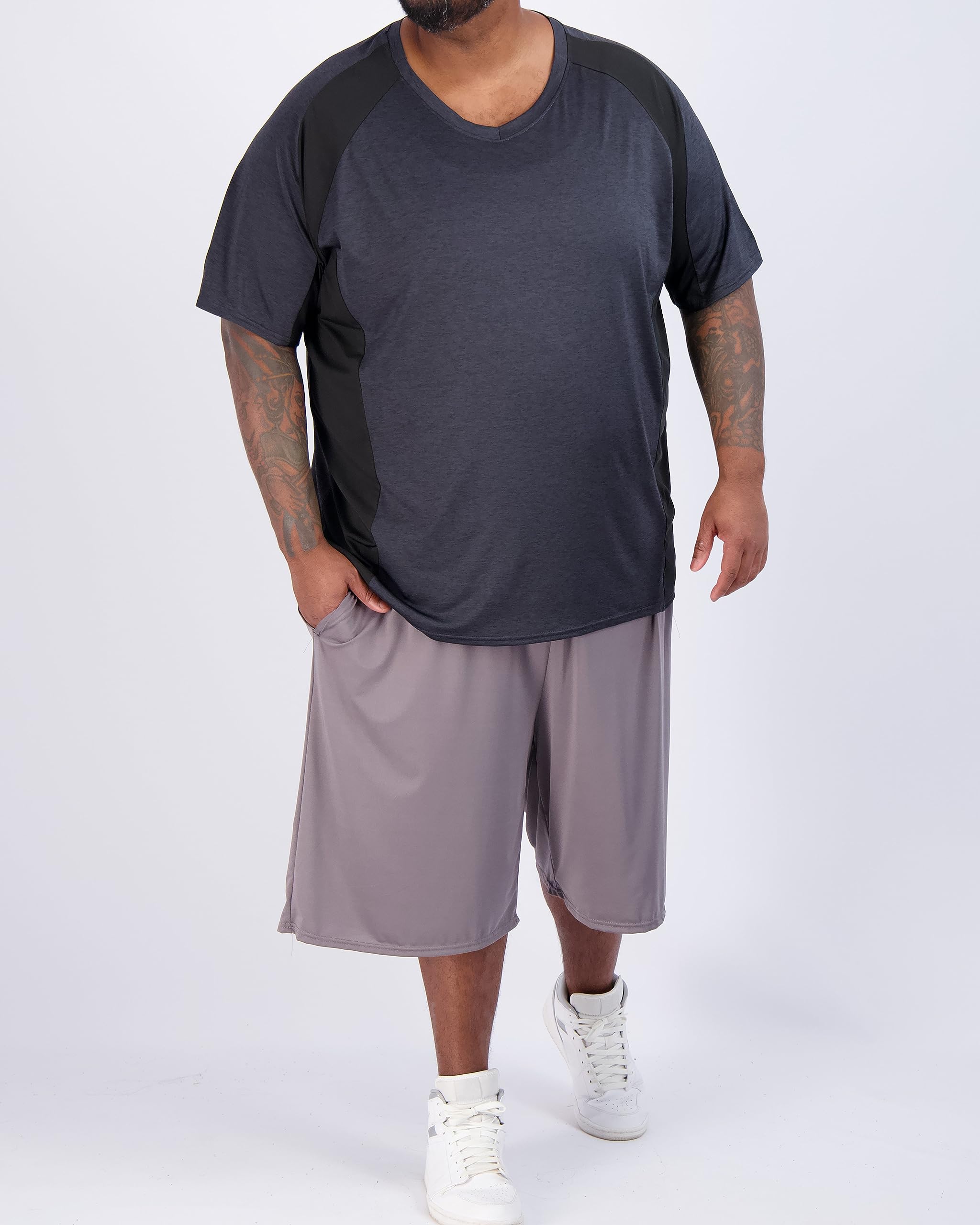 Real Essentials 3 Pack: Men's Big & Tall Short Sleeve V-Neck Athletic T-Shirt Dry-Fit Workout Shirts Moisture Wicking (3X-5X)- Set 4, 4XLT