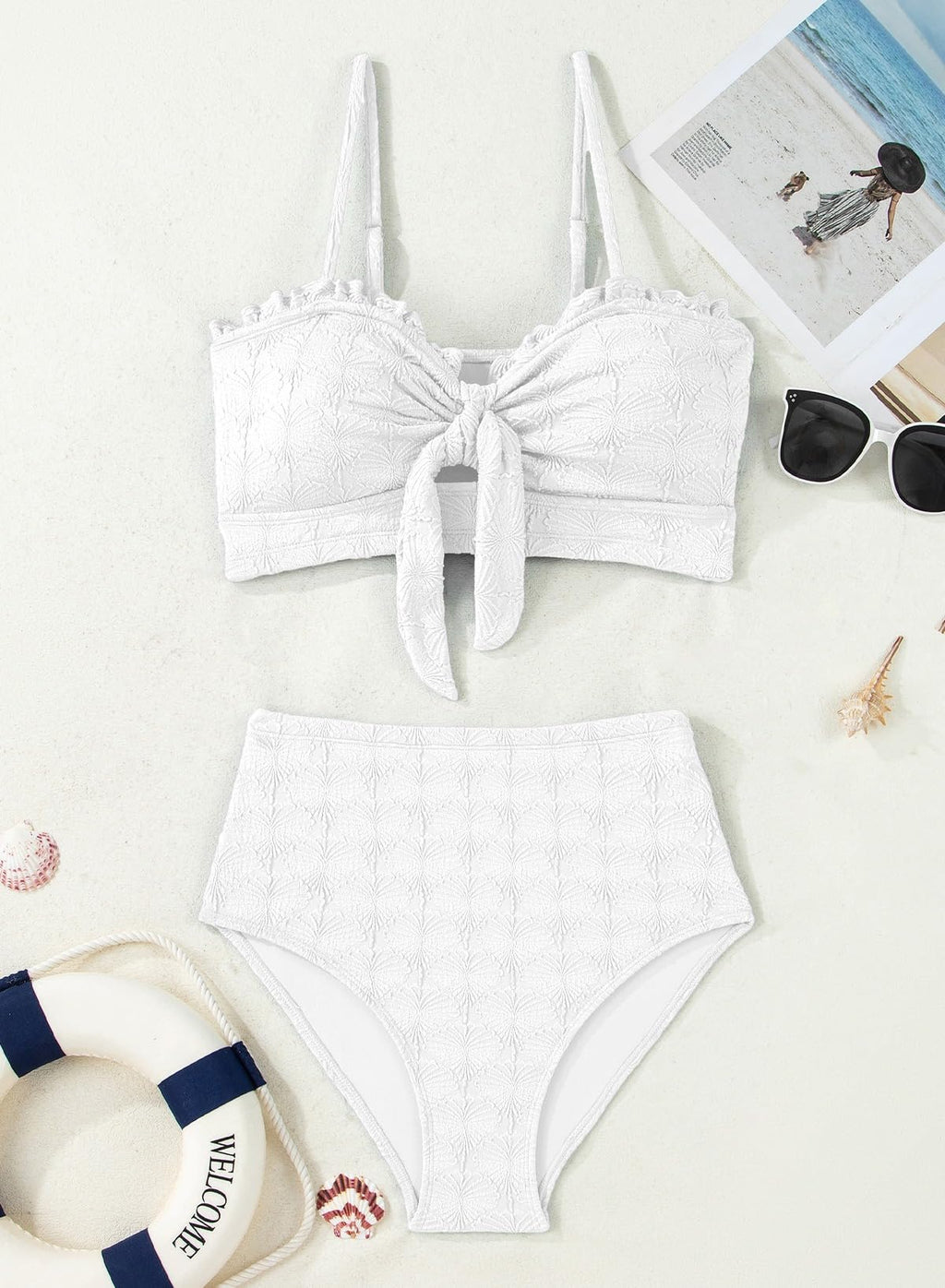 Herseas Women's Seashell Textured White Bikini Sets Knotted Front 2 Piece Sweetheart Neck Swim Suits 2026 Summer Ruffle Trim Bathing Suits Casual Vacation Outfits Small