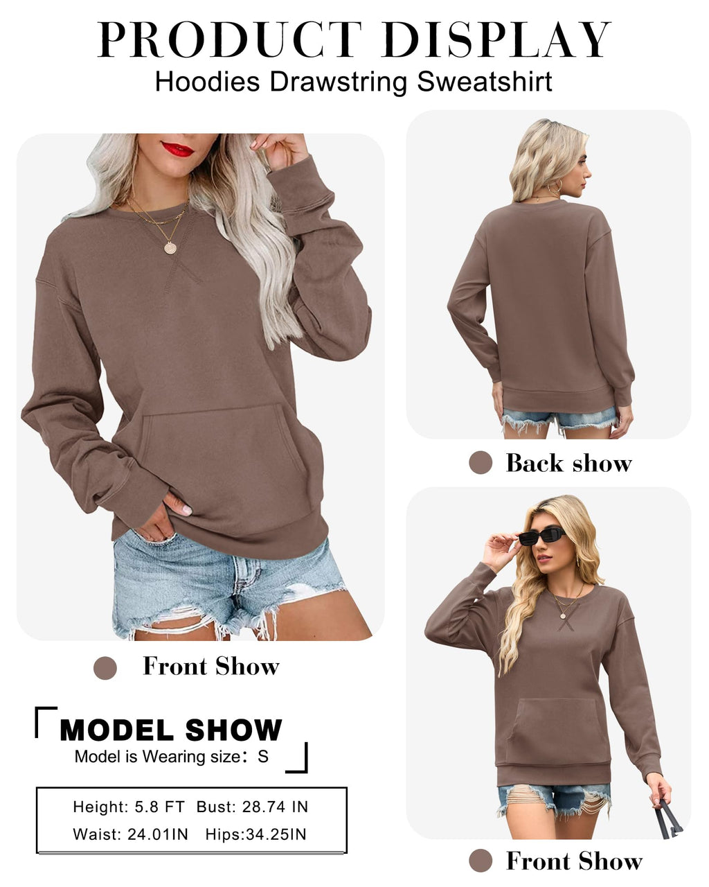AUSELILY Women’s Crewneck Hoodless Sweatshirt Oversized Long Sleeve Pullover Tops with Pockets 2025 New X Decoration Coffee Brown Medium