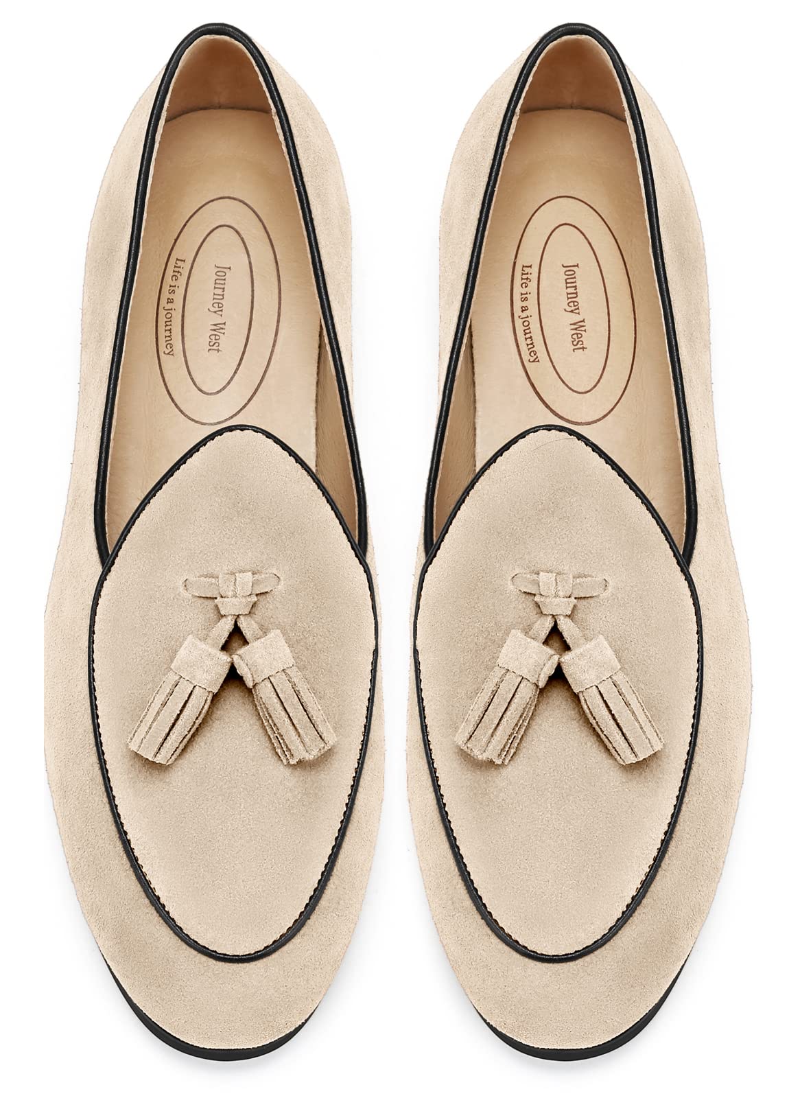 Journey West Men's Tassel Slip-on Loafer Belgian Suede Loafers Casual Leather Shoes for Men Beige US 9