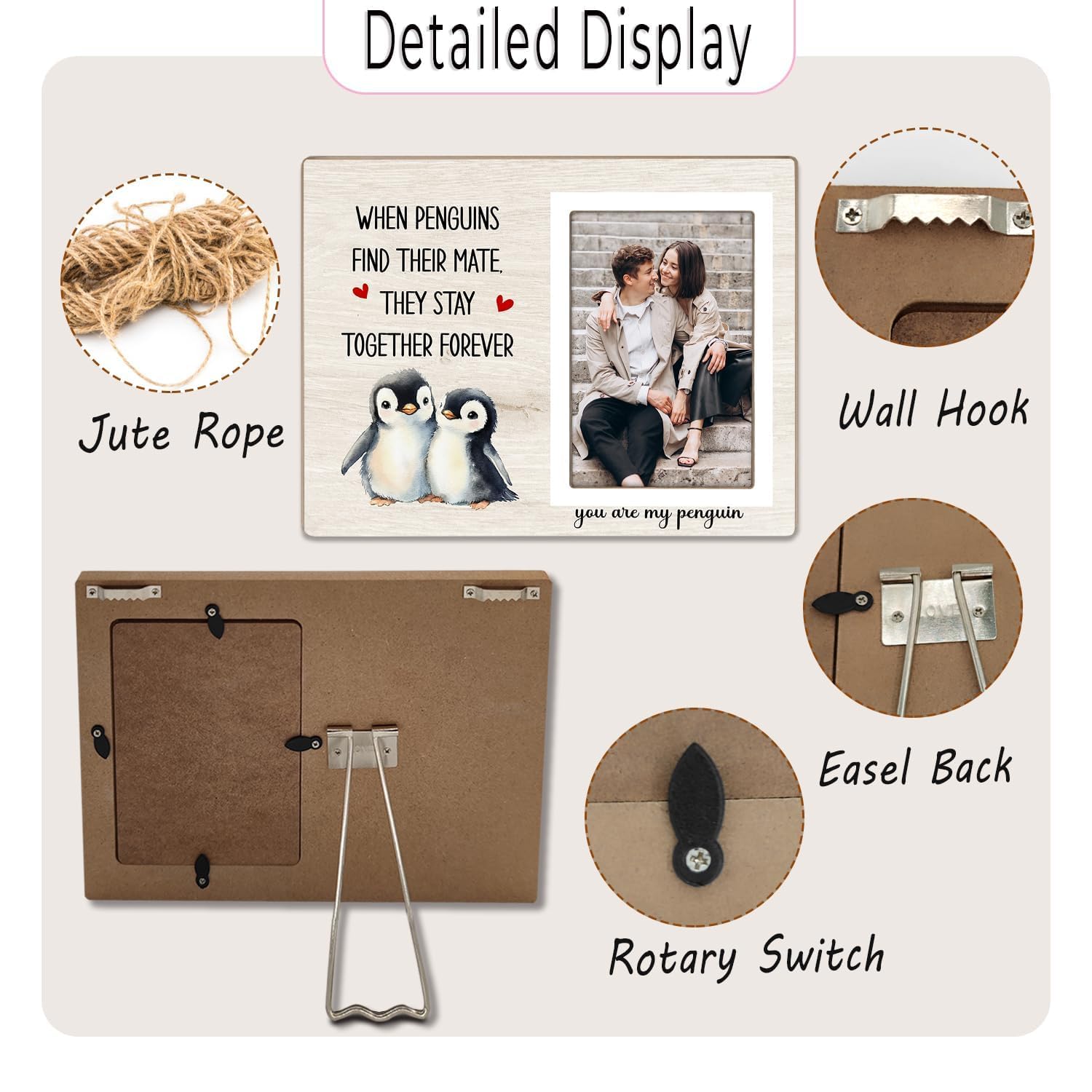 Penguin Photo Frame Gift, Engagement Picture Frame, Wedding Gifts for Couple, Valentine's Gift for Him Her, Anniversary Couple, fits 4x6 Photo, When Penguins Find Their Mate They Stay Together Forever