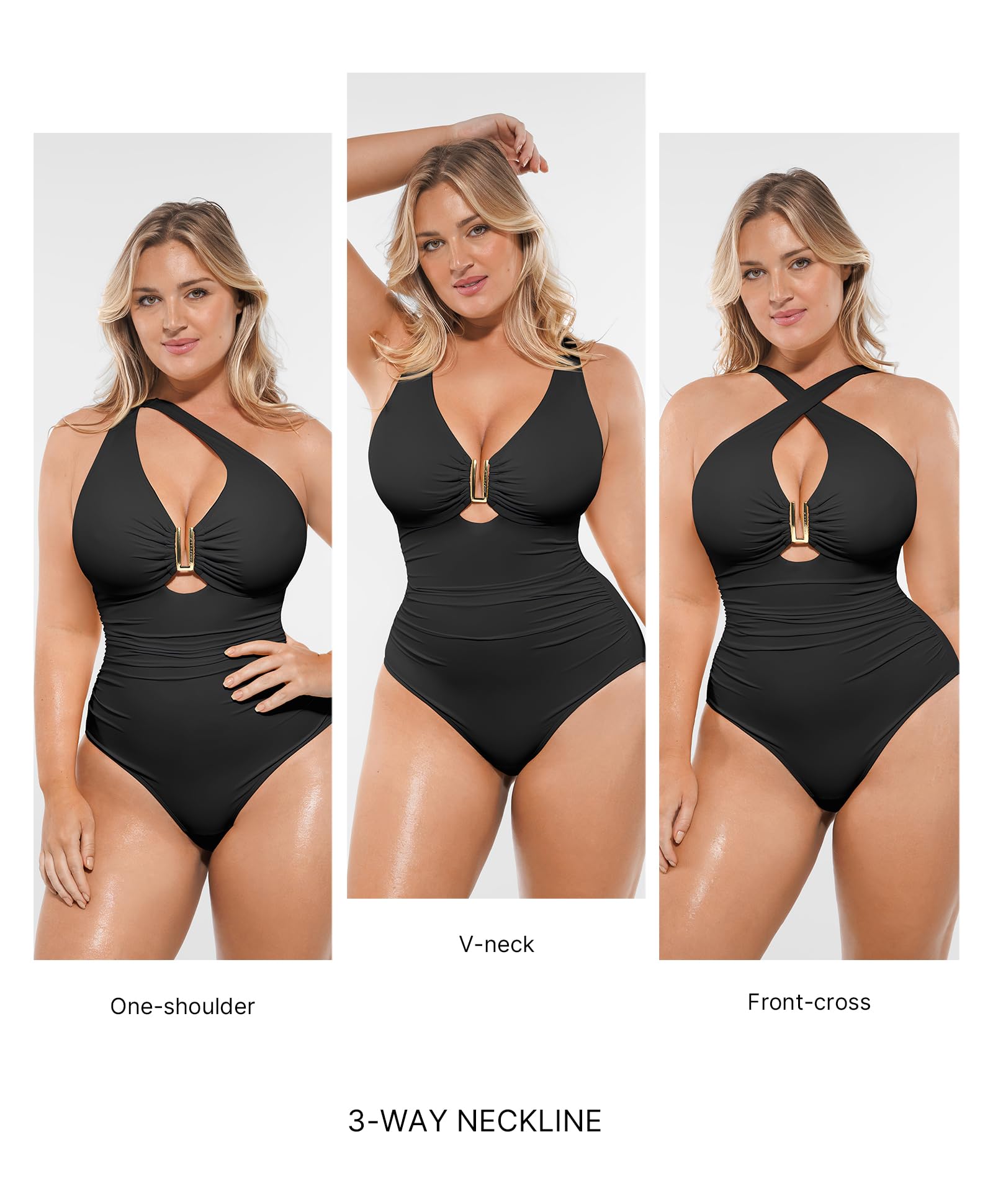 SHAPELLX Tummy Control Swimsuit for Women Ruched V Neck One Piece Bathing Suit Full Coverage Shapewear Swimsuits Black L