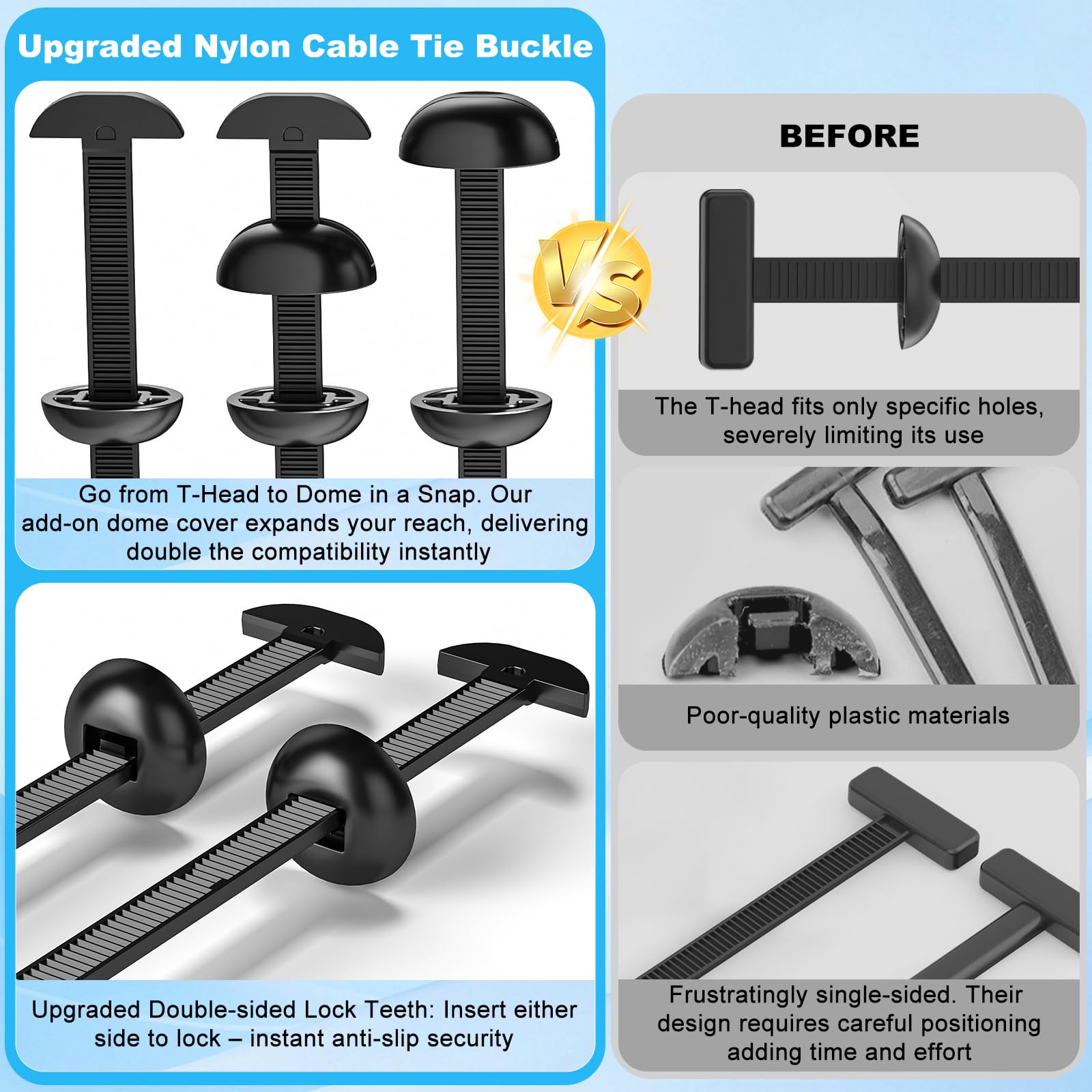 50Pcs Nylon Universal Cable Tie Buckle for Car, Upgraded Automotive Zipper Clips, Heavy Duty Self-Locking Zip Ties Holder with Pin & Button,Top Movable Dome Design