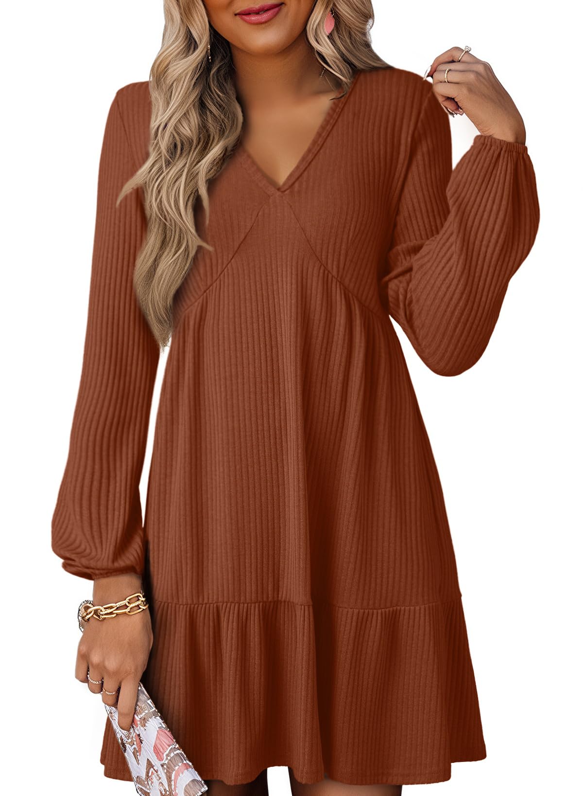 Dokotoo Wedding Guest Dresses for Women Long Sleeve V Neck Ribbed Knit Empire Waist Ruffle Tiered Casual Flowy A Line Swing Mini Holiday Party Dress Sprng Summer Outfits Fashion 2026 Brown Large