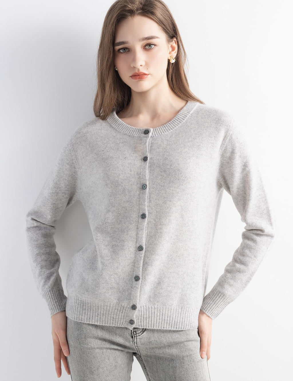Chanyarn Women's 100% Pure Cashmere Cardigan Crew Neck Long Sleeve 2025 Fall Winter Warm Soft Knit Cardigan Sweater (Light Grey17056,M)
