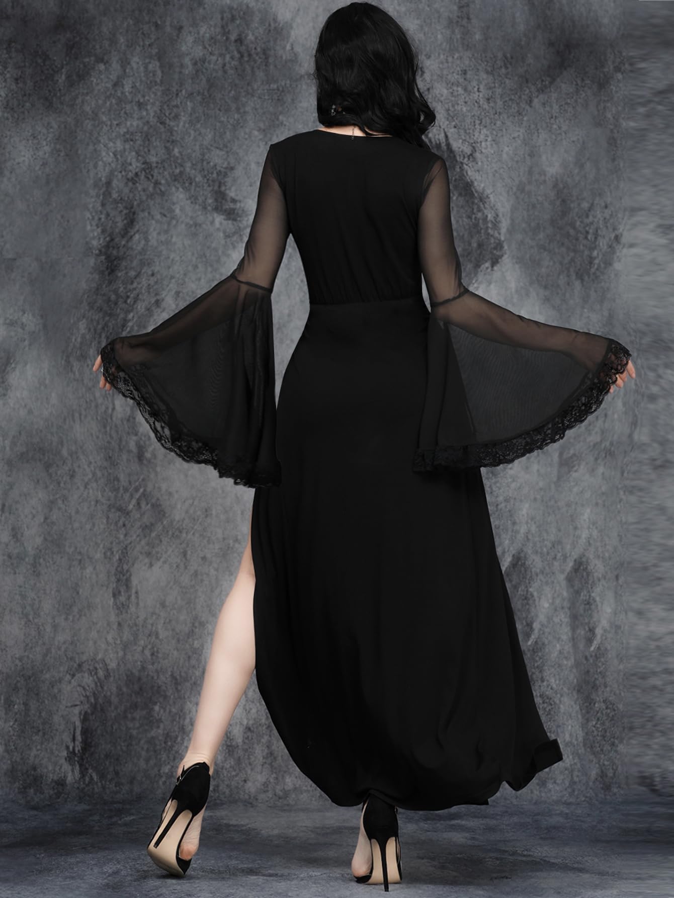 GothDark Womens Gothic Dress Black V Neck Mesh Bell Sleeve Lace Trim High Slit Sexy Witchy Halloween Cosplay Long Dresses