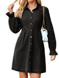 Simplee Womens Long Sleeve Black Denim Dress Casual V Neck Cotton Shirt Distressed Western Short Jean Dresses with Pockets(Denim Black L)