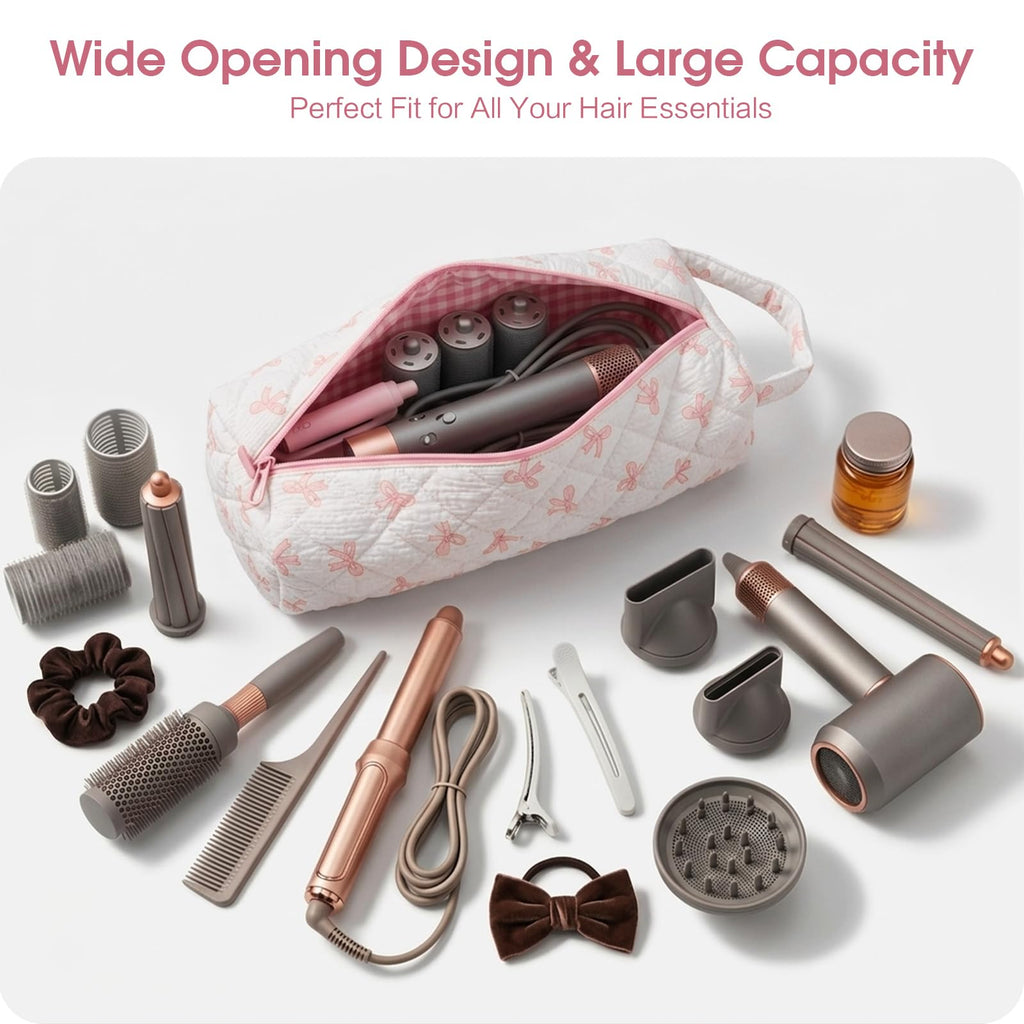 Canumer Hair Tools Organizer Bag with Bow Pattern for Curling Irons, Flat Irons, Hair Dryers and Styling Tools, Portable Pink Travel Case, Haircare Accessories Travel Essentials(14" x 3.1" x 4.9")
