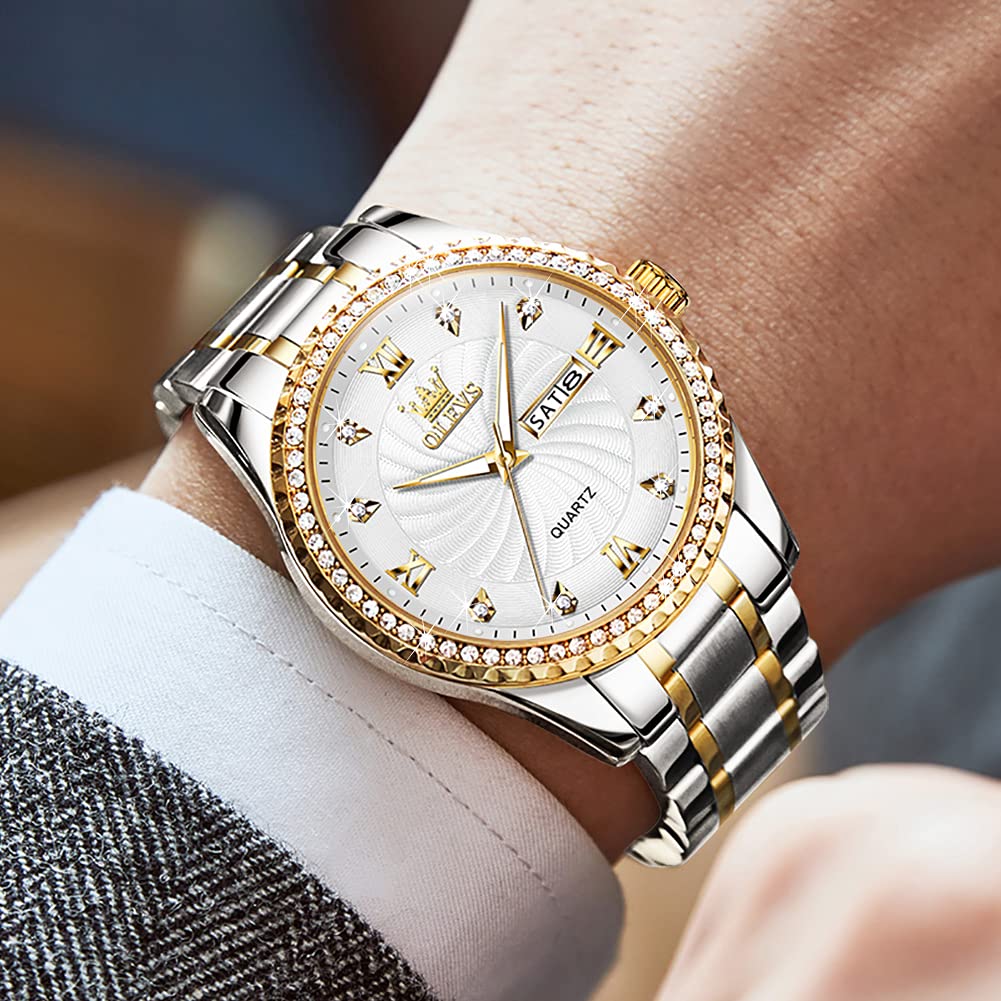 OLEVS Watch for Men Silver Stainless Steel Diamond Male Watches Analog Quartz Luminous Date Day Mens Watch Gift