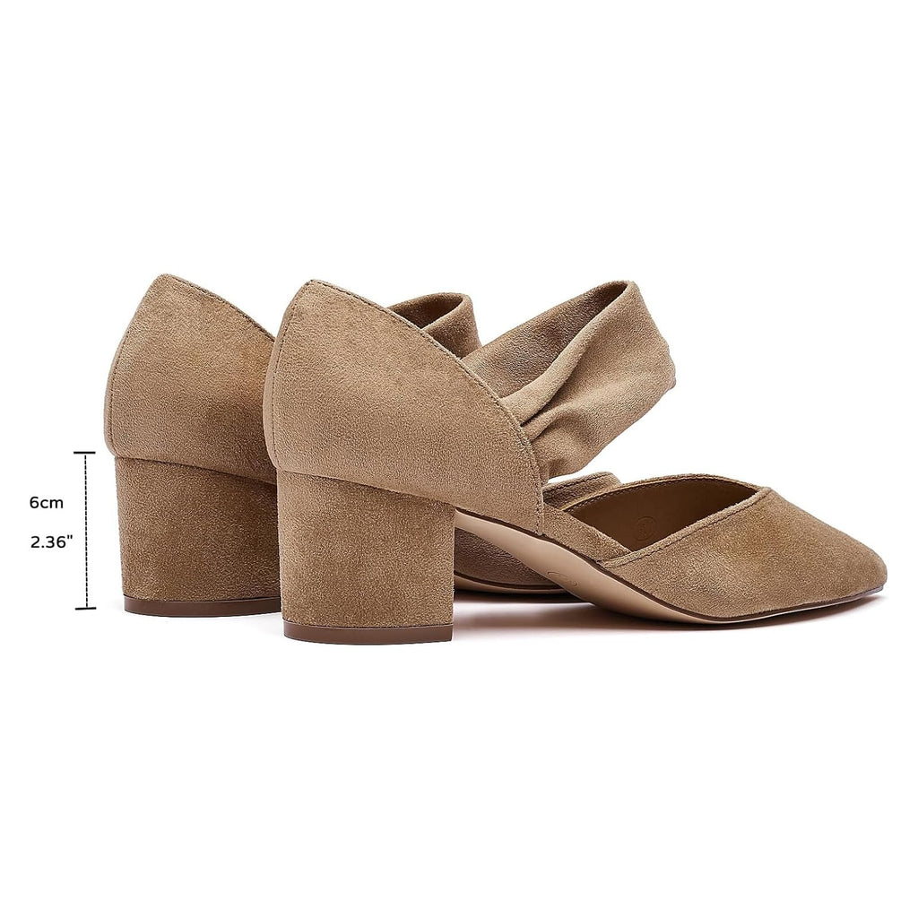 SONALOONG Block Heels for Women Comfortable Strap Closed Pointed Toe Heel Women's Low Chunky Pumps Beige