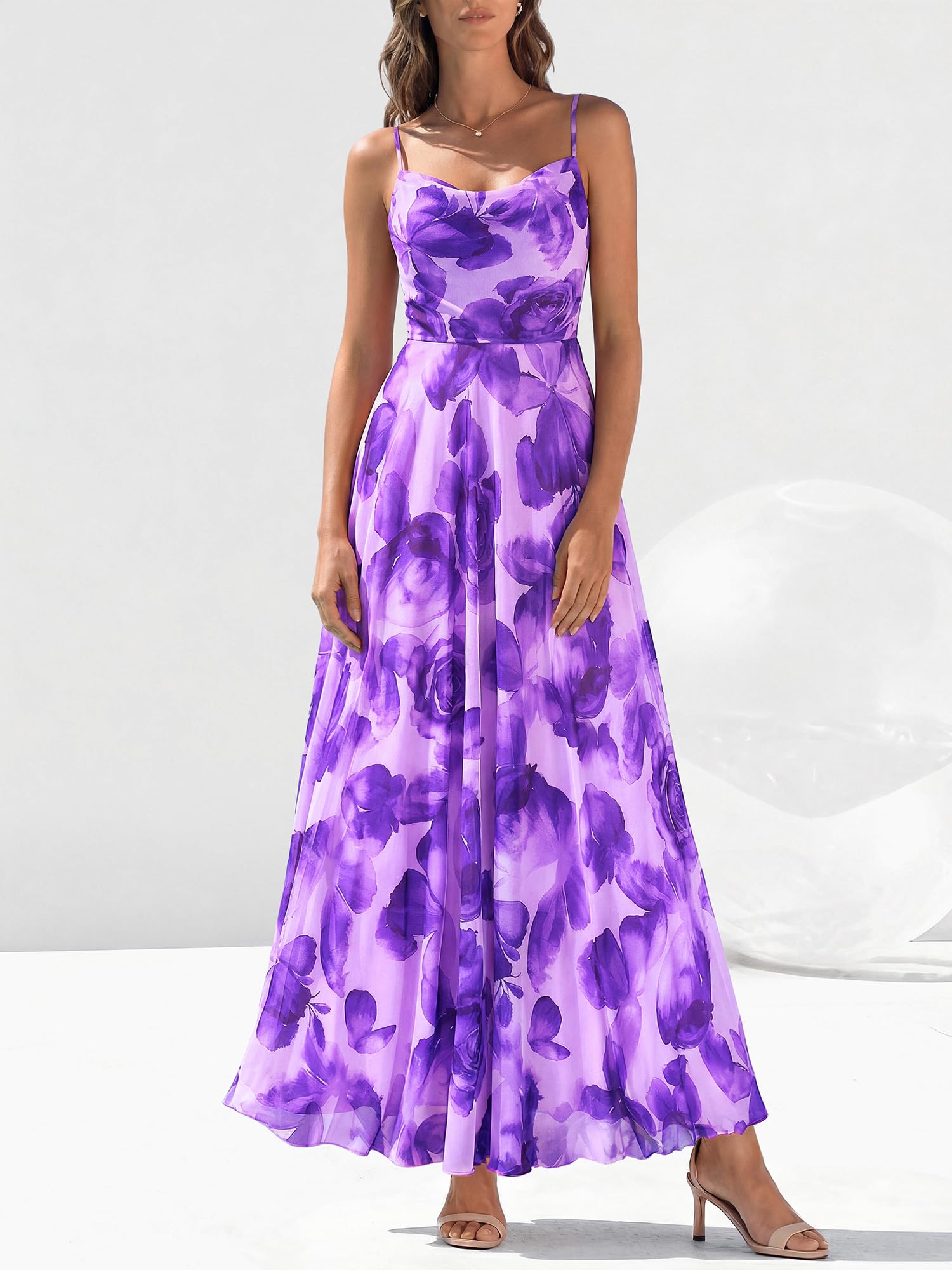 BTFBM Women Summer Floral Maxi Dresses Elegant Spaghetti Strap Dress Printed Party Dress Beach Long Dresses(Green Big Floral,X-Large)