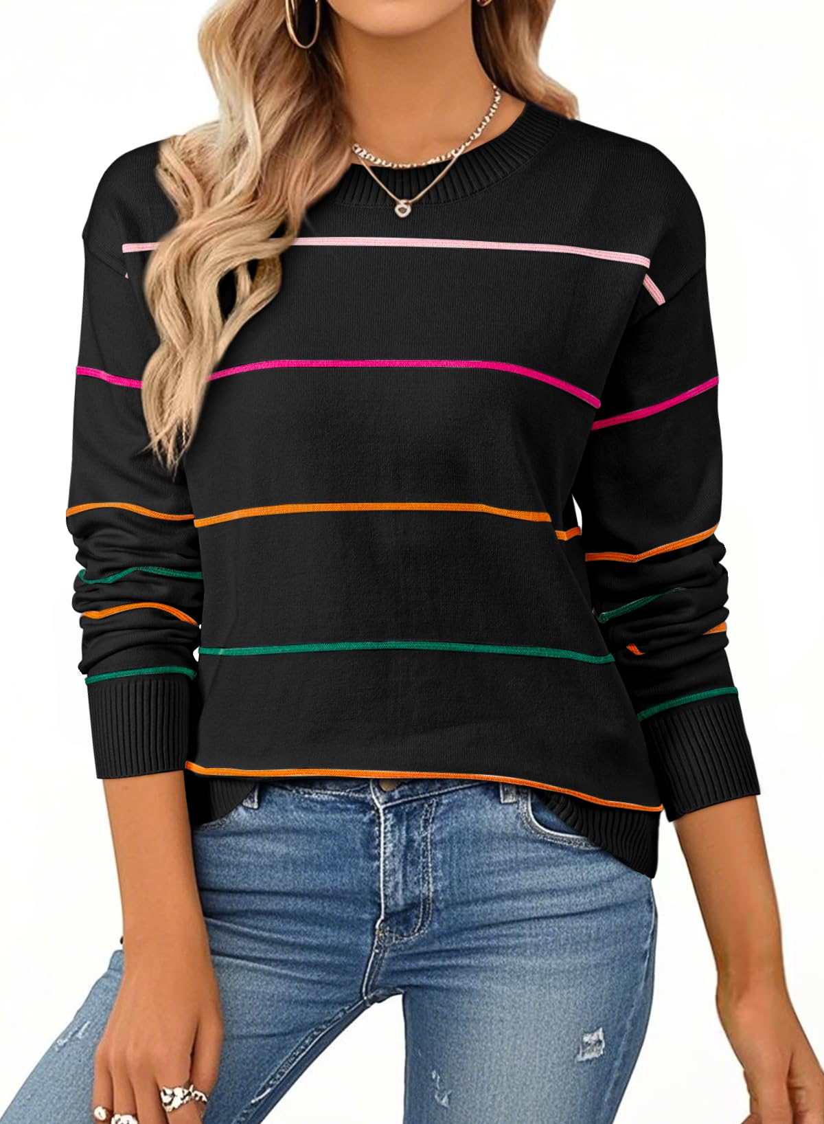 SHEWIN Womens Tops Dressy Casual Crew Neck Striped Sweater Women Lightweight Fall Tops for Women 2025 Long Sleeve Tops Womens Sweaters Black Medium