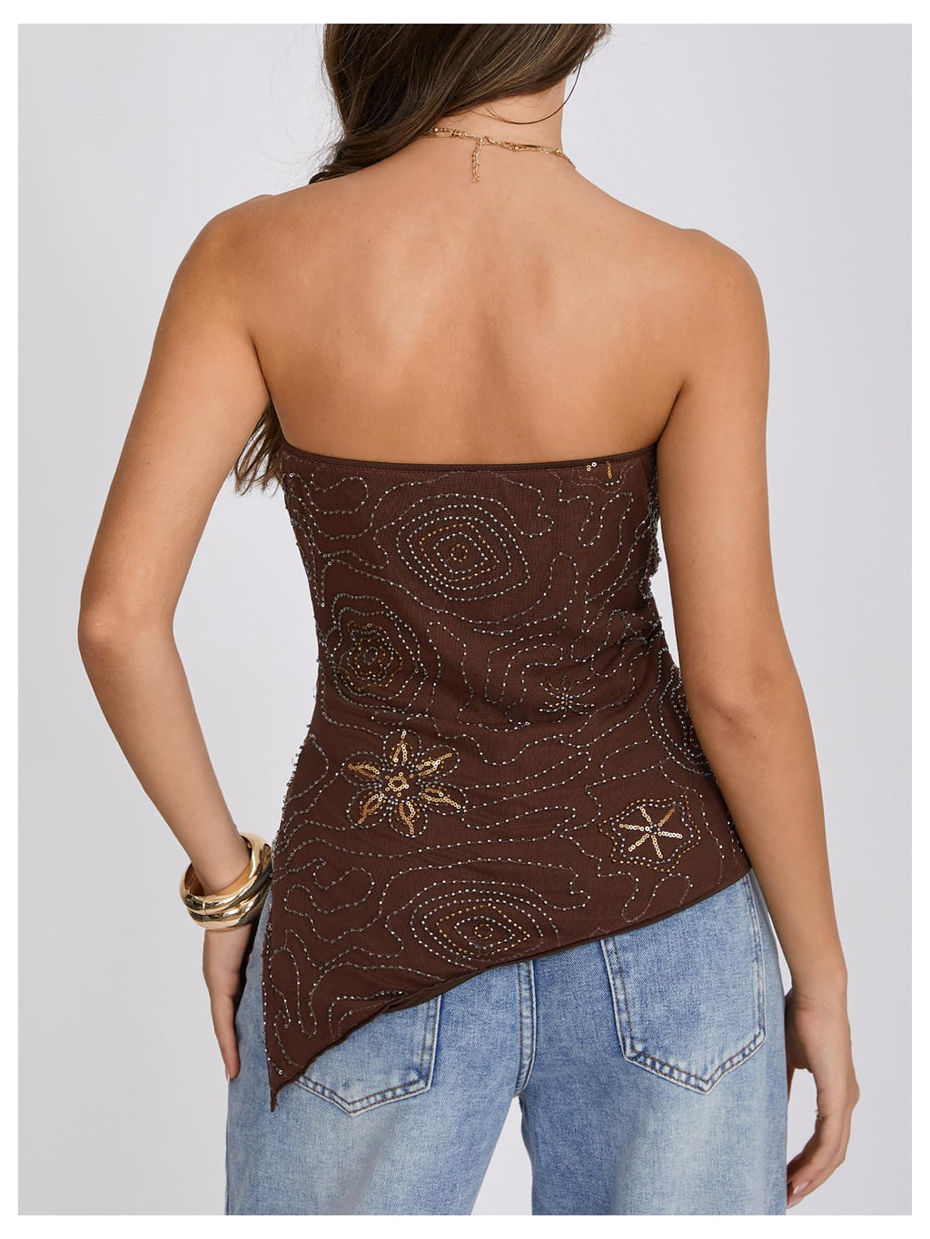 WDIRARA Women's Sparkle Sequin Tube Top Strapless Asymmetrical Bandeau Tops Party Rave Clubwear Brown Bead Small