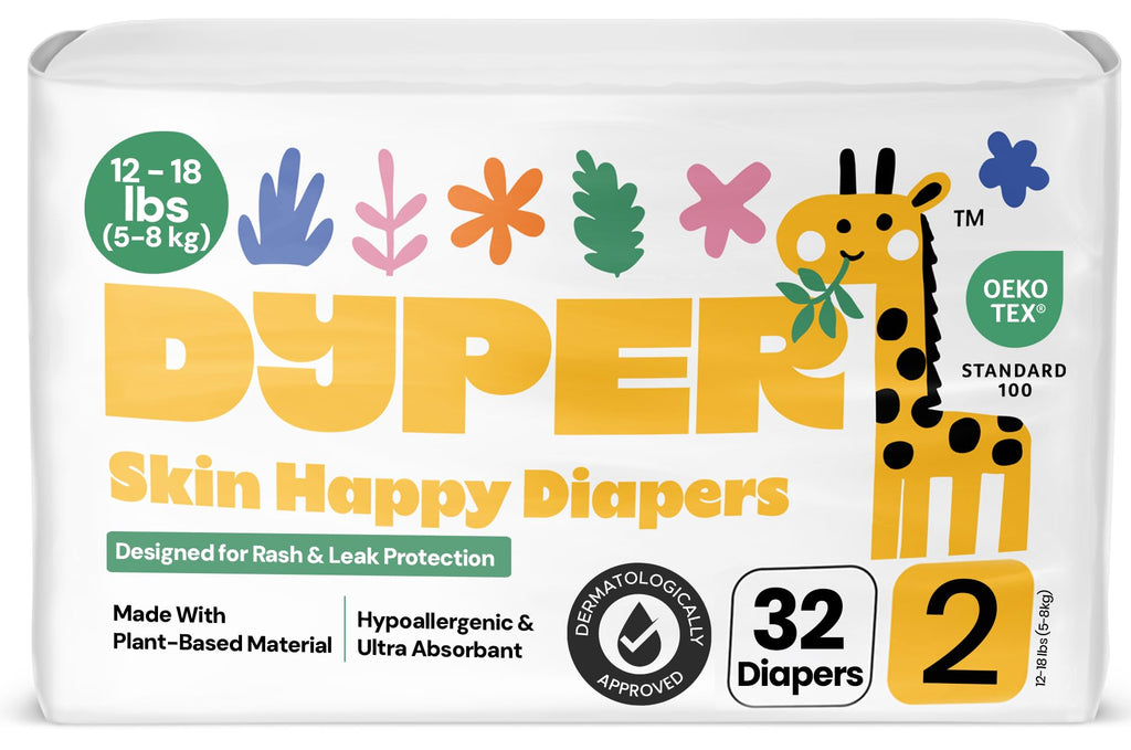 DYPER - Baby Diapers Size 2 (32 Count) - Plant Based Disposable Diapers for Day and Overnight Premium Leak Protection, Skin-Friendly Comfort with Soft Size 2 Diapers (12-18 lbs)