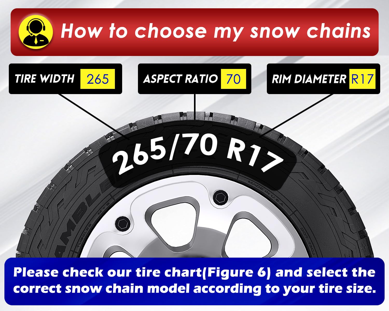 Snow-Chains Auto Fixing 1 Min Quick Installation Tire-Chains, Heavy-Duty Emergency Tire Traction Chain for Pickup Trucks and Off-road SUV Car Tires 235 245 255 265 275 - Set of 2 (HYR-S)