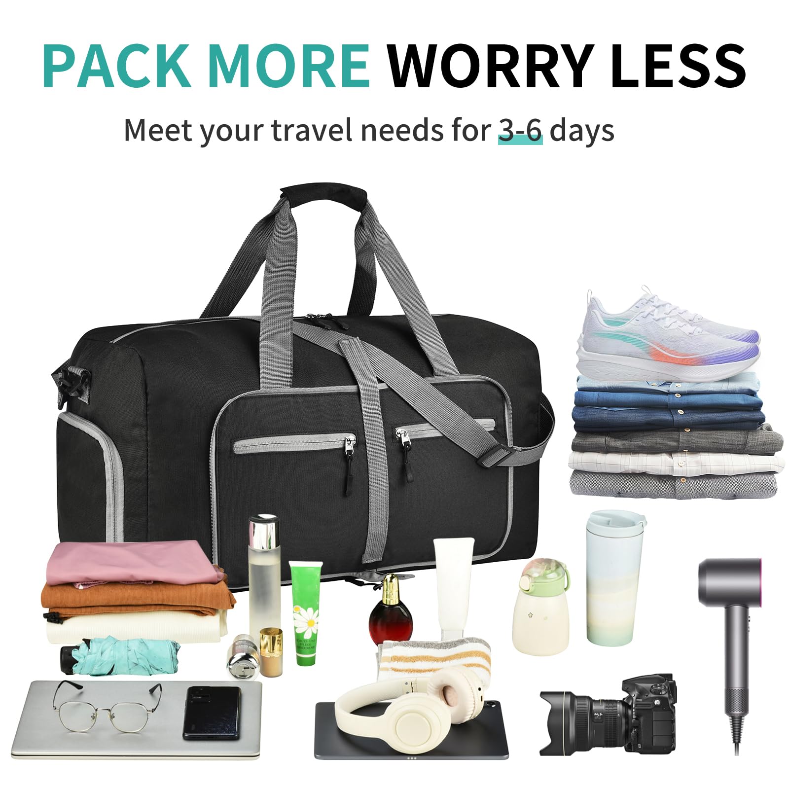 Dimayar 40L Travel Duffle Bag for Men Women - Foldable Duffel Bag with Shoes Compartment - Overnight Bags Waterproof & Tear Resistant(Black)
