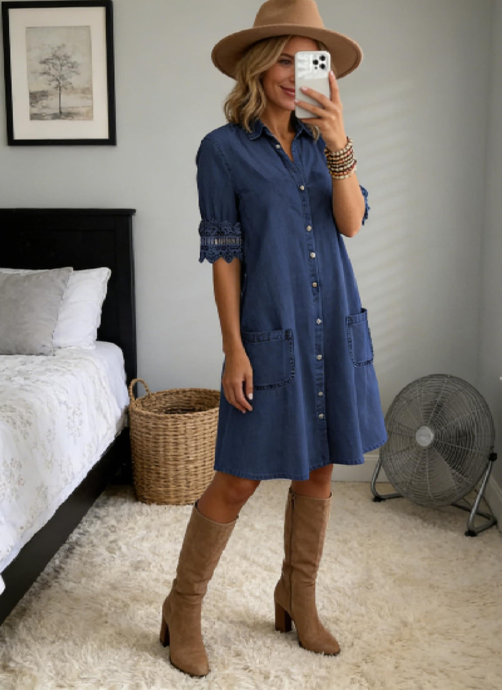 QXE Denim Dress for Women 2026 Summer Casual Lace Trim Half Sleeve Blue Jean Dresses Button Down Shirt Dress Western Outfits