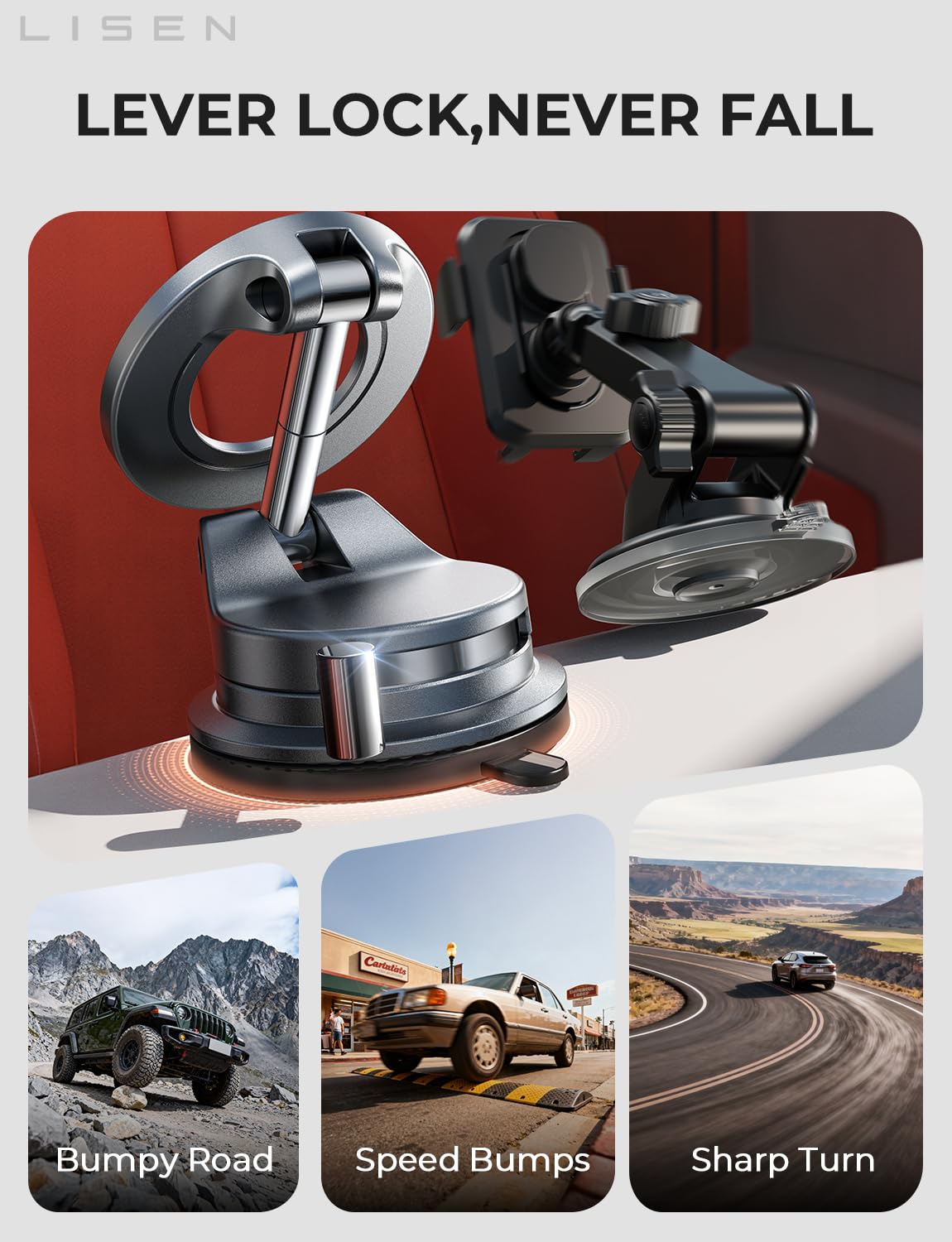 LISEN for Magsafe Car Mount, Magnetic Phone Holders for Your Car, Magnet Vacuum Phone Mount for Car Accessories for Women Men Interior Jeep Truck, SuctionPro Gift Kits, for iPhone 17 Pro Max 16 15 14