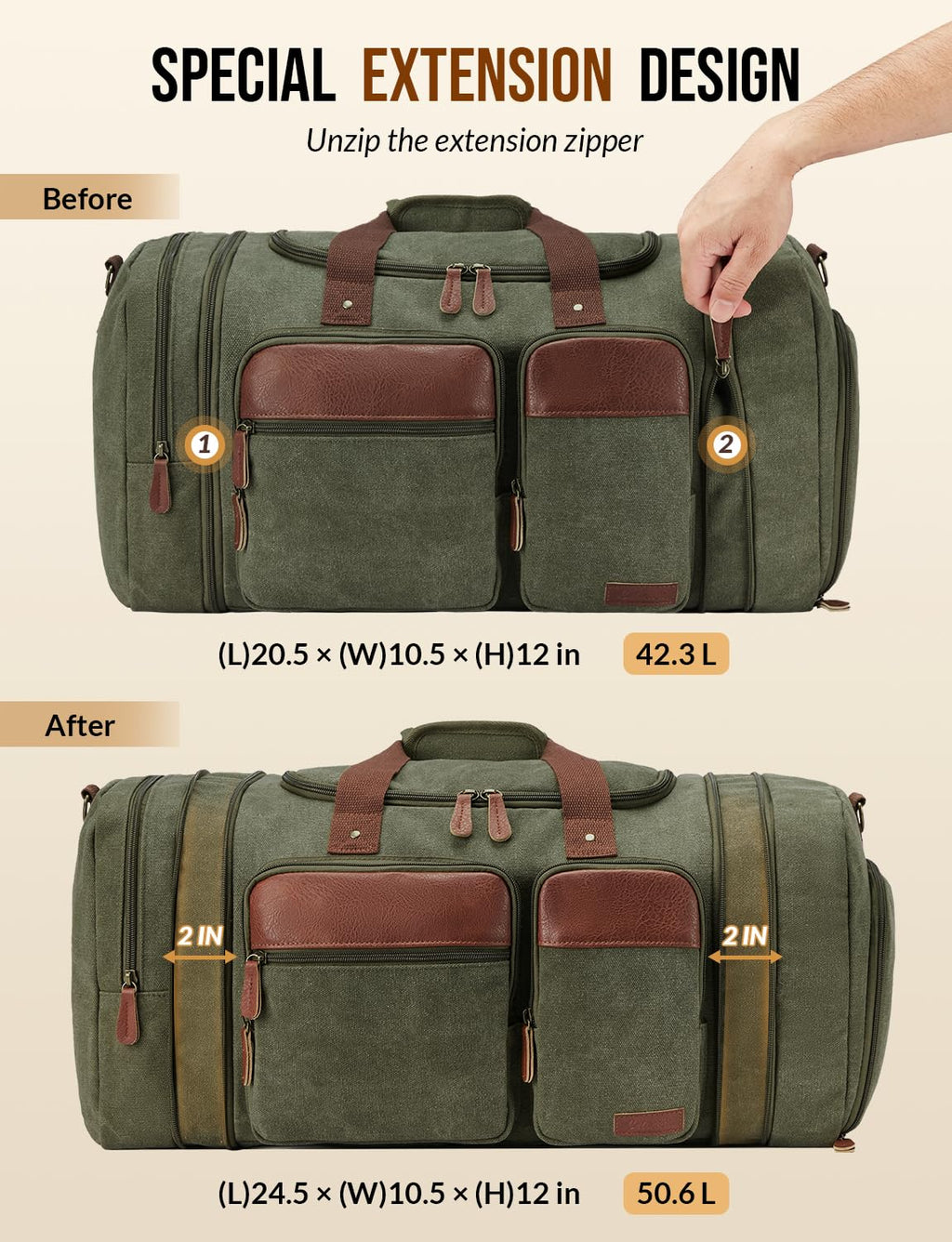 Celvetch Canvas Duffle Bag for Travel 50L Expandable Travel Duffel Bags for Men Women Overnight Weekend Gym Bag with Shoes Compartment - Army Green