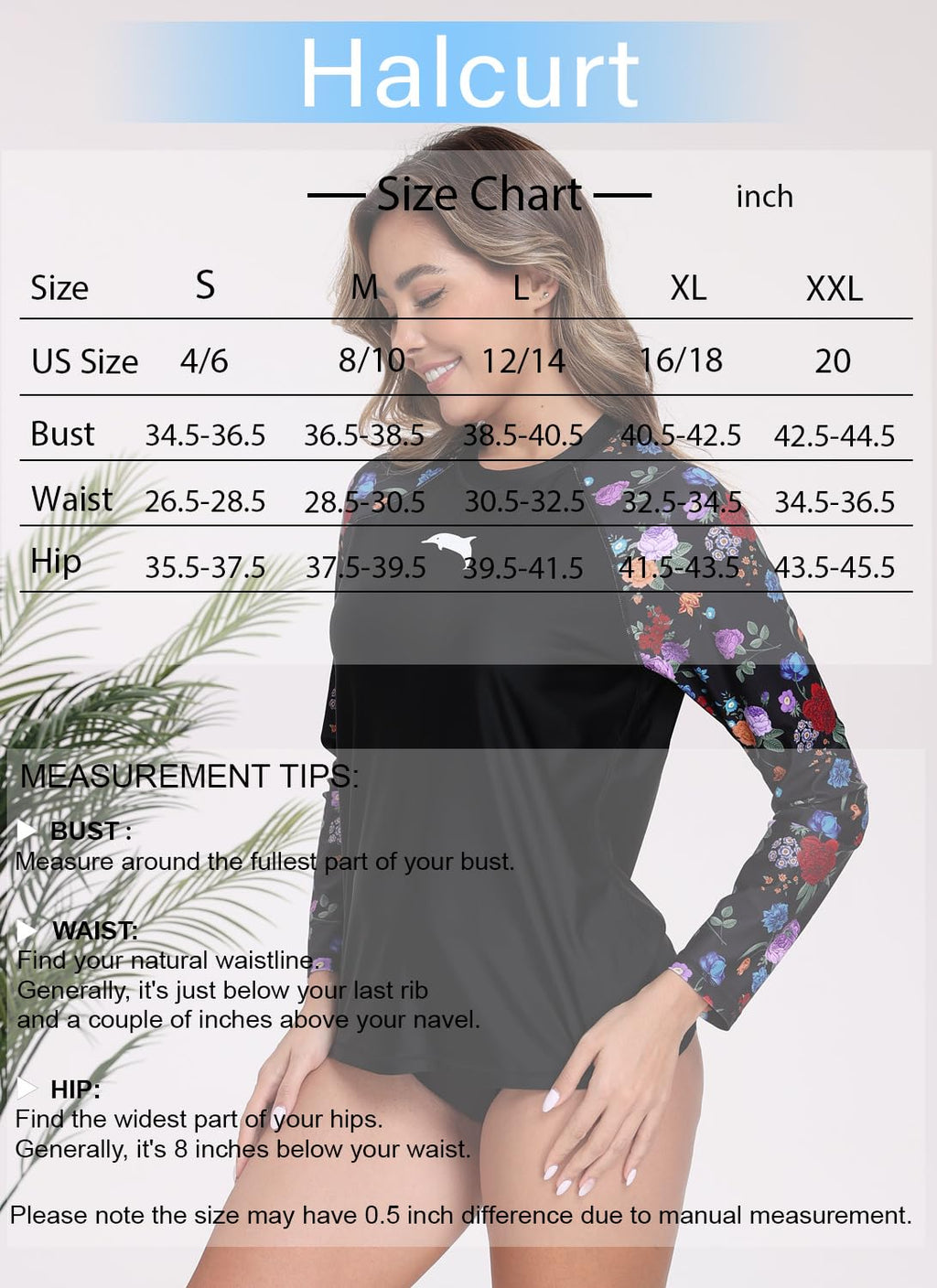 Halcurt Womens Long Sleeve Rash Guard Swim Shirts with Built in Bra UPF50+ Sun Protection Swimsuit Top Black Red Pink Floral M