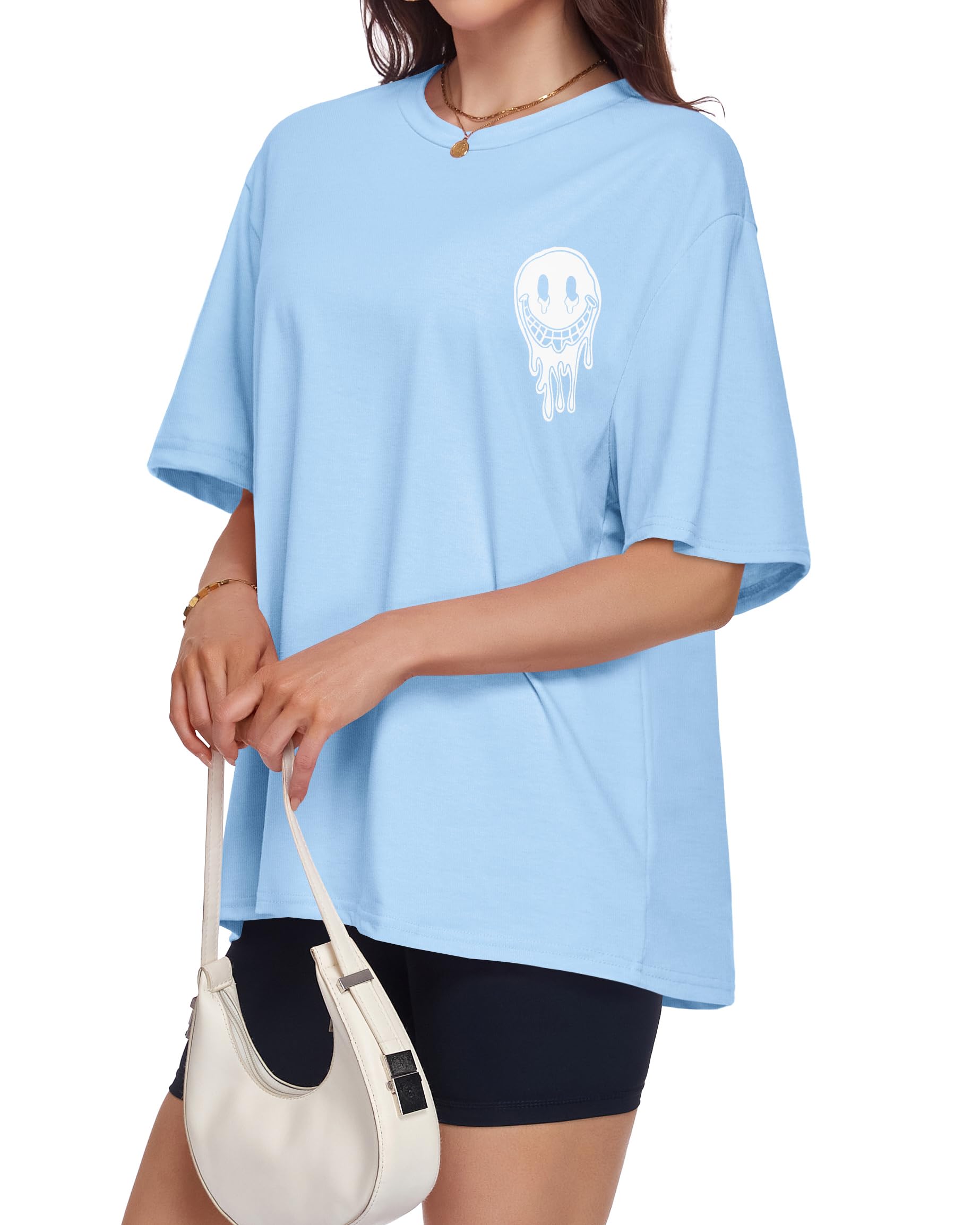 ADOREJOY Oversized Tshirts for Women Crewneck Summer Graphic Tees Short Sleeve Loose Basic Tops, Blue White Print, L