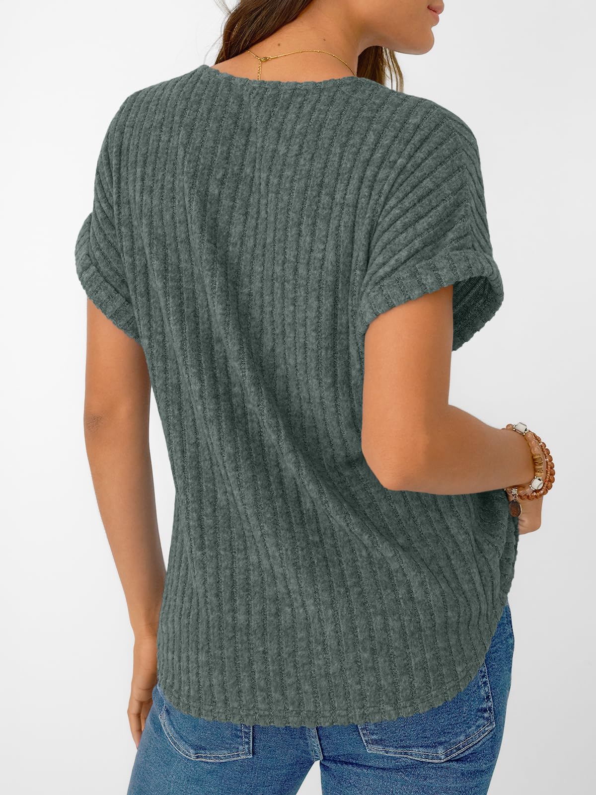 AUTOMET Womens Spring Tops 2026 Summer Dressy Casual Blouses Short Sleeve Cute V Neck Sweater Shirts Fashion Vacation Clothes Green L