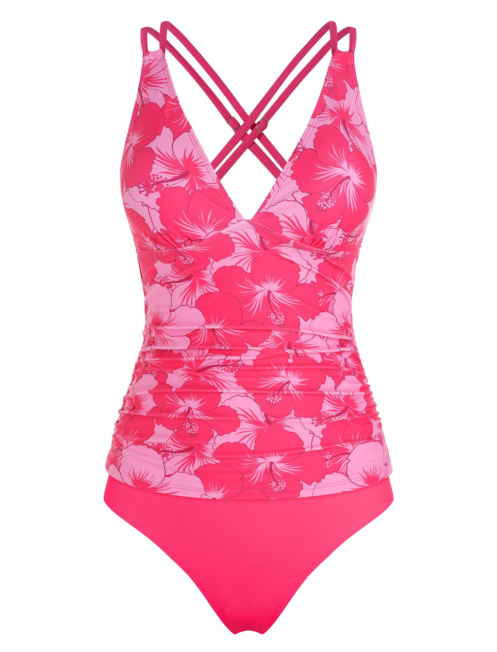 ZAFUL Tummy Control Swimsuits for Women Modest Swimsuits for Women Solid Two Piece Bathing Suits Tummy Control Ruched Tankini Swimsuit with Shorts (Rose Red Floral XL)