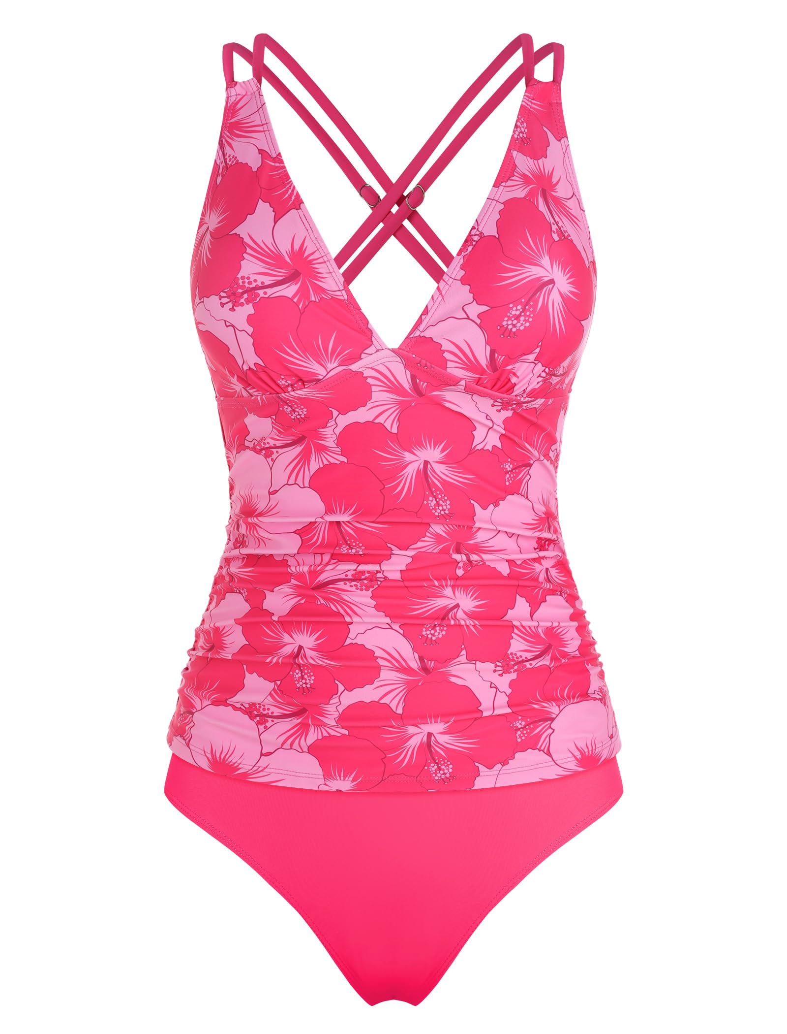 ZAFUL Tummy Control Swimsuits for Women Modest Swimsuits for Women Solid Two Piece Bathing Suits Tummy Control Ruched Tankini Swimsuit with Shorts (Rose Red Floral XL)