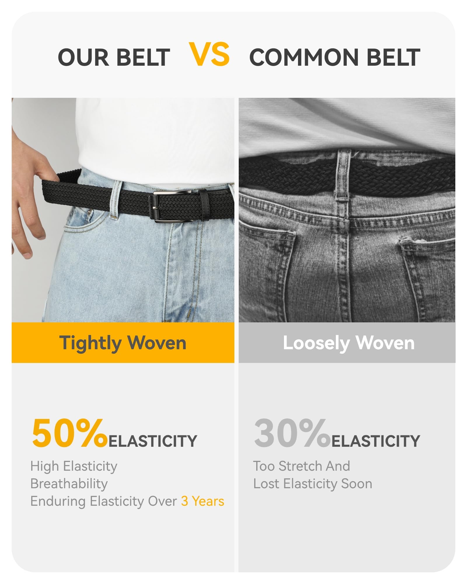 CHAOREN Stretch Belt Men 2 Pack - 1 3/8" Braided Golf Belts For Men - Casual Elastic For Pants and Jeans