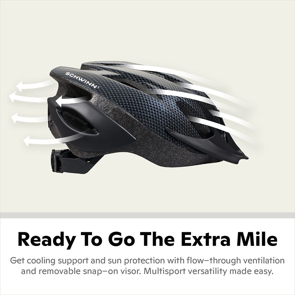 Schwinn Thrasher Helmet for Adults, Black, Size 58 - 62 cm, for Riders Ages 14+, Lightweight Microshell, Adjustable Dial and Straps, Interior Padding, 20 Air Vents, Removable Visor, Adult Bike Helmet
