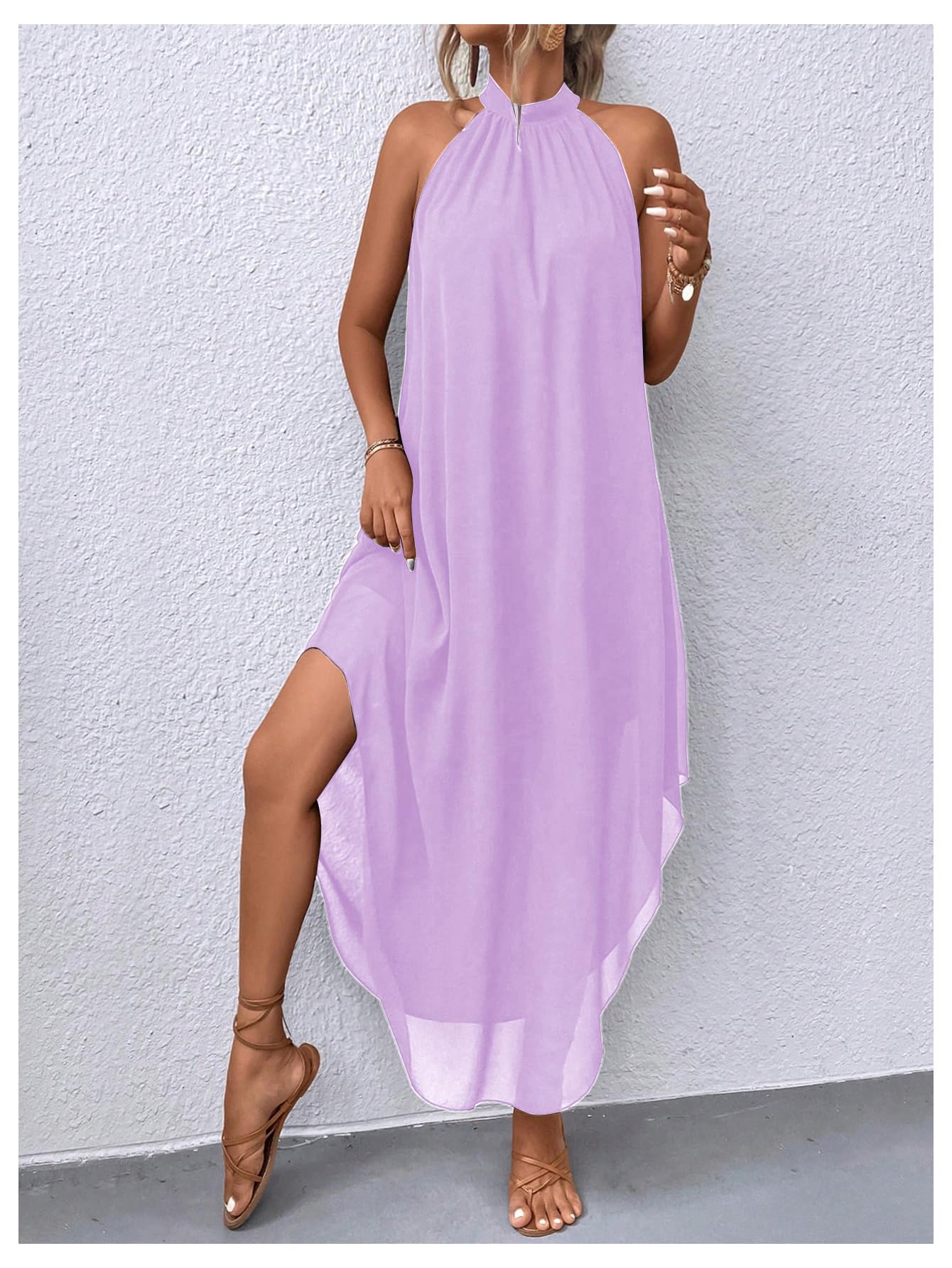 Verdusa Women's Wedding Guest Dress Halter Flowy Chiffon Asymmetrical Long Summer Prom Dress Mauve Purple Large