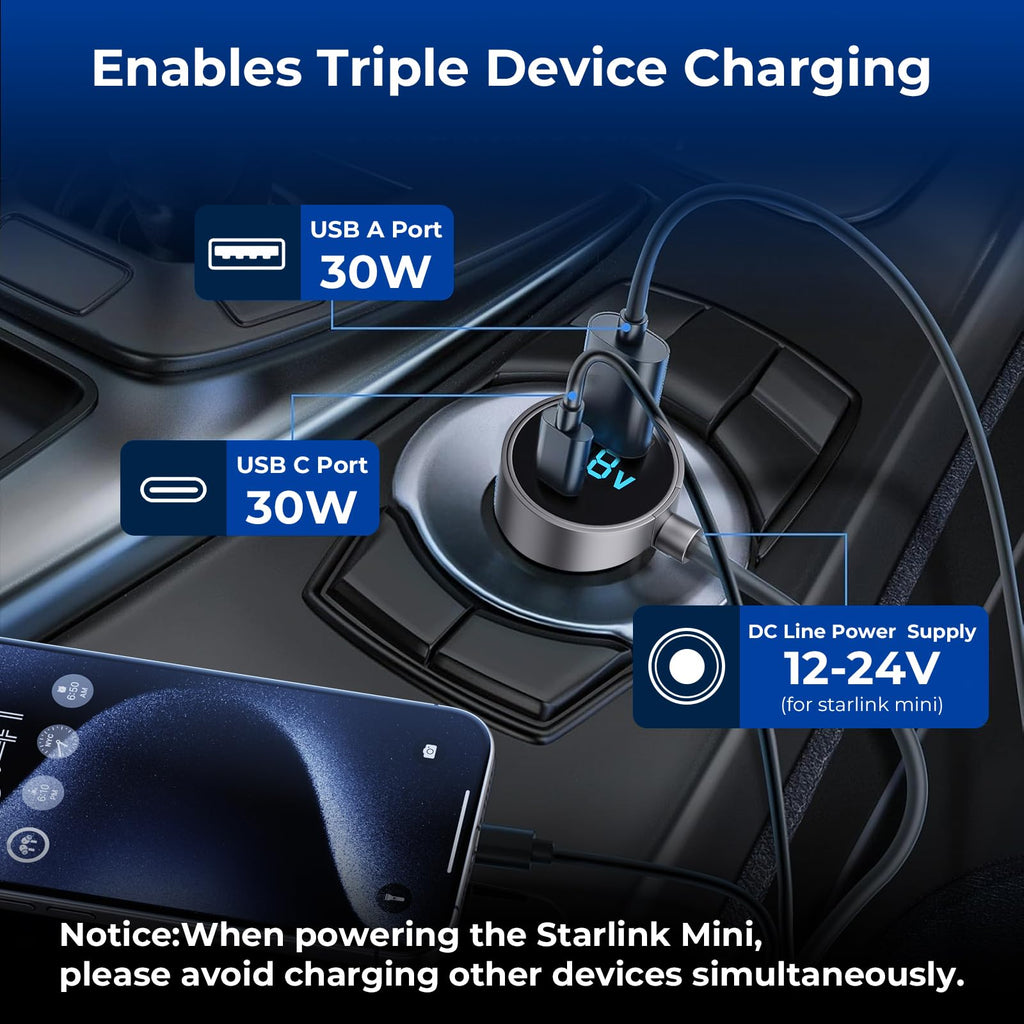 Starlink Mini Cable,Starlink Mini Accessories Car Charger, 3-in-1 DC Power Cable with 12V-48V Cigarette Lighter Adapter,PD 30W + USB-A 30W + DC 72W Car Power Supply for Trucks, RVs, Boats(10Ft)