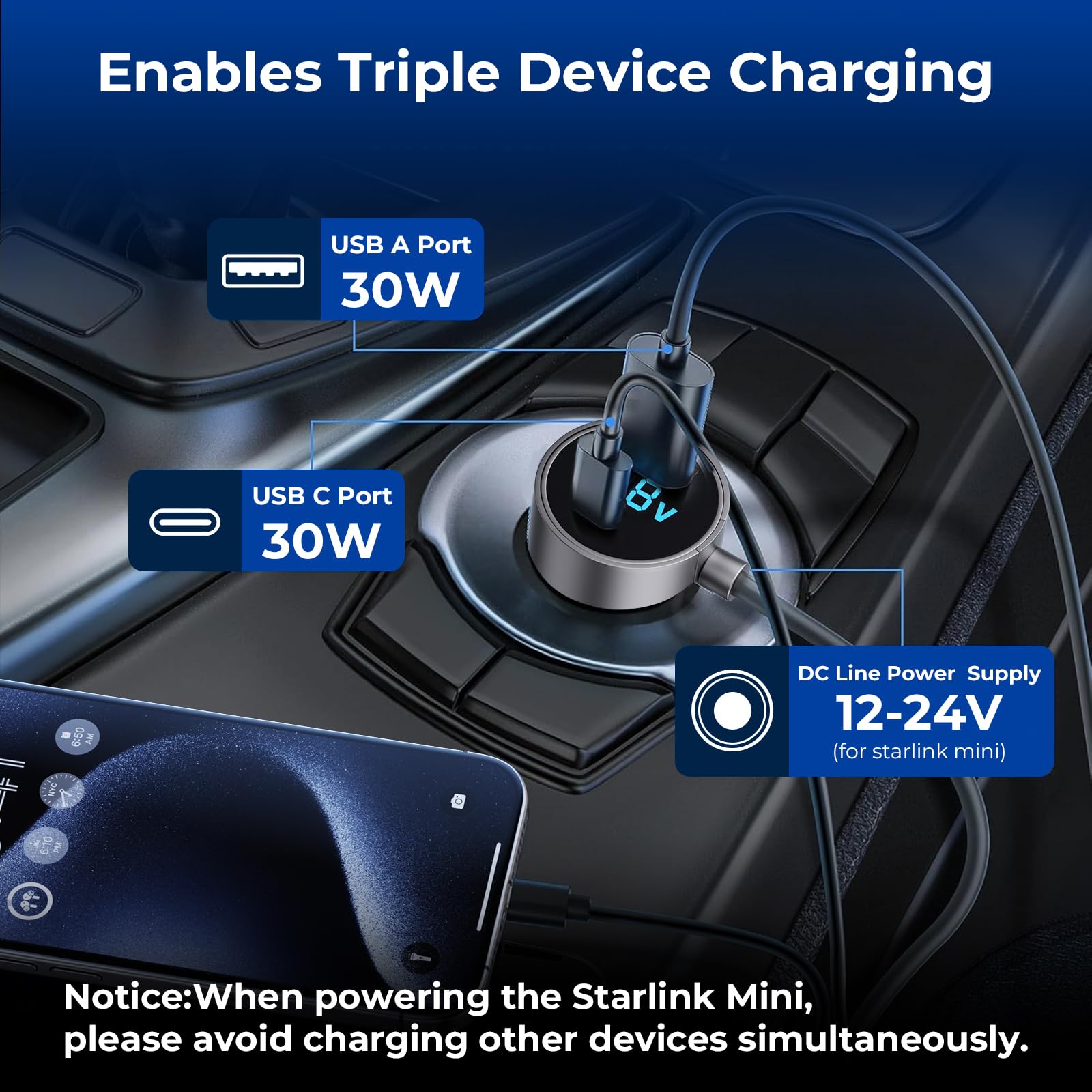 Starlink Mini Cable,Starlink Mini Accessories Car Charger, 3-in-1 DC Power Cable with 12V-48V Cigarette Lighter Adapter,PD 30W + USB-A 30W + DC 72W Car Power Supply for Trucks, RVs, Boats(10Ft)