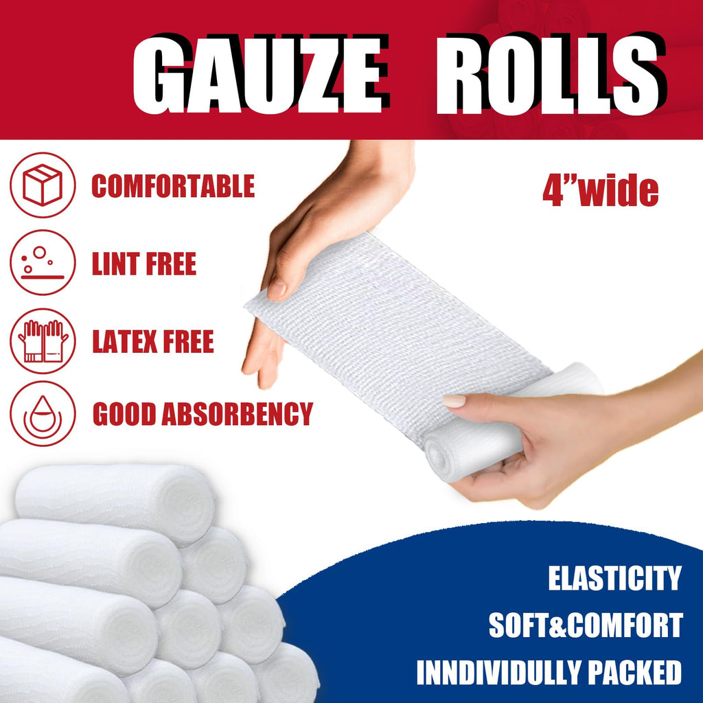 KIWAEZS 24 Pack Gauze Rolls Bandages 4 ” x 4.1 yd Premium Quality Lint and Latex-Free Conforming Stretch Designed for Wound Care for Wound Dressing Support(Ideal for Home and car First aid Kits)