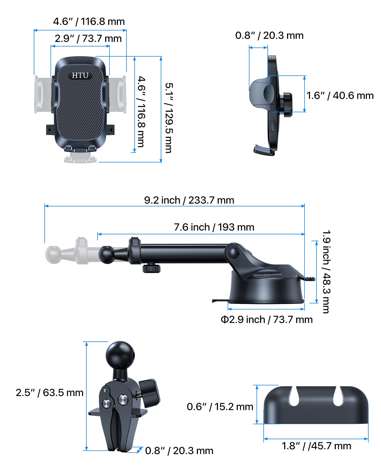 HTU 2026 Upgraded [True Military-Grade] Car Phone Holder【Safety Certs & No Smell】 Cell Phone Holder for Car Mount for Dashboard Windshield Air Vent Long Arm Thick Case,Black