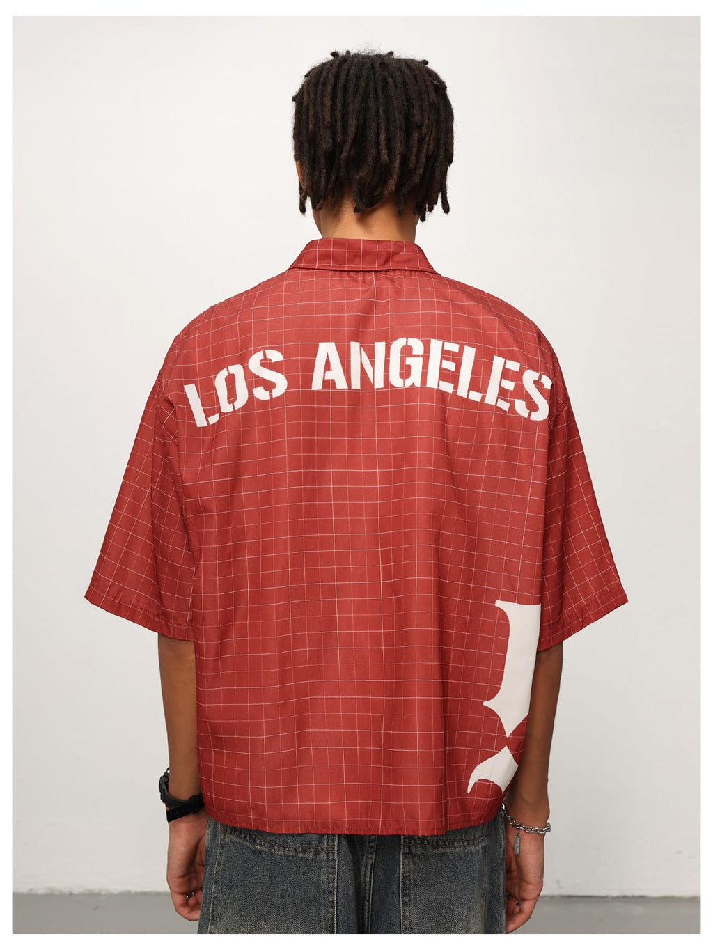 VIPWOLF Men's Gingham Cropped Shirt Oversized Baggy Short Sleeve Collared Button Up Plaid Boxy Streetwear Tees Tshirts Red Large