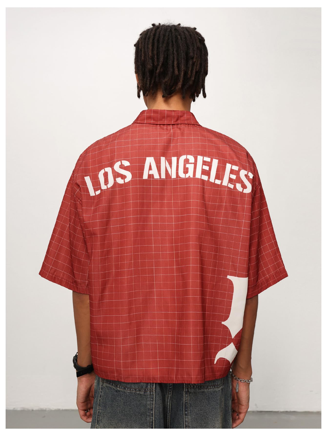 VIPWOLF Men's Gingham Cropped Shirt Oversized Baggy Short Sleeve Collared Button Up Plaid Boxy Streetwear Tees Tshirts Red Large