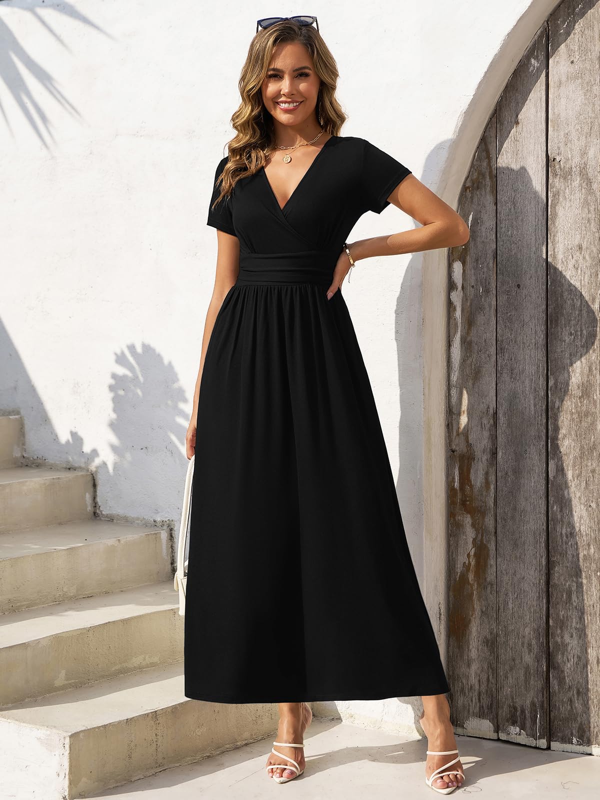 Gracyoga Womens Black Empire Waist Dress Fall Midi Smocked Swing Dresses Vintage V Neck High Waist Casual Long Dinner Outfit for Teacher L