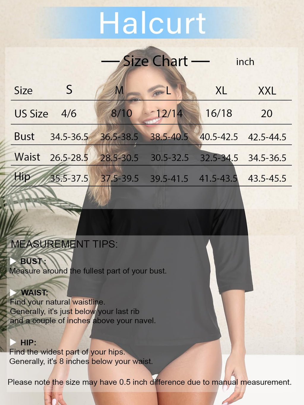 Halcurt Women's 3/4 Sleeve Rash Guard Swimsuit Top High Neck Half Zip Swim Shirt Only UPF50+ Quick Dry Bathing Suit Black M