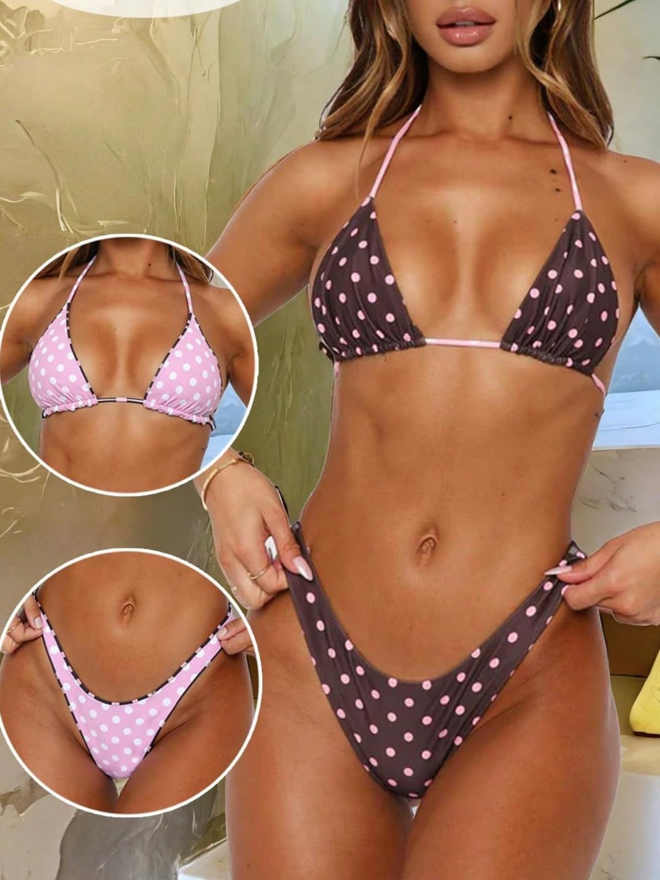 WDIRARA Women's Polka Dots Reversible Bikini Set Halter Triangle Swimsuit 2 Piece High Cut Bathing Suit Coffee Brown Medium