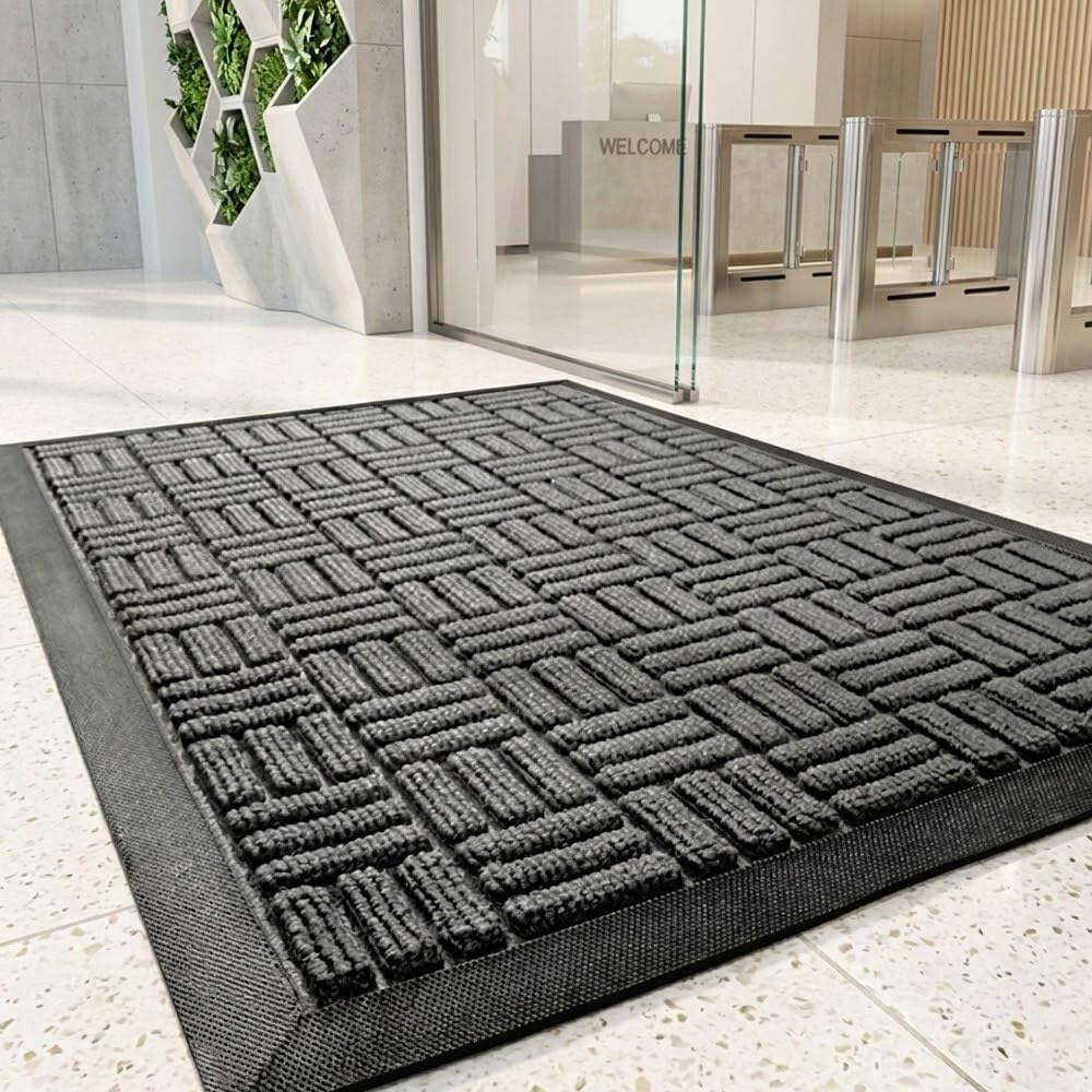 MATZEN Block Pattern Doormat, Heavy Duty Indoor Outdoor Entrance Mat, Non-Slip Rubber Base, Waterproof Dirt Trapping Floor Mat for Front Door, Office, Store, 29.5x17.7, Grey