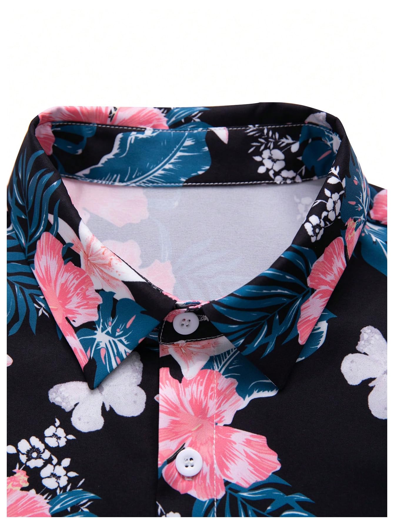 GORGLITTER Men's Vacation Beach Cruise Summer Outfits 2 Piece Shorts Set Hawaiian Button Down Shirt and Shorts Black and Pink Floral Large