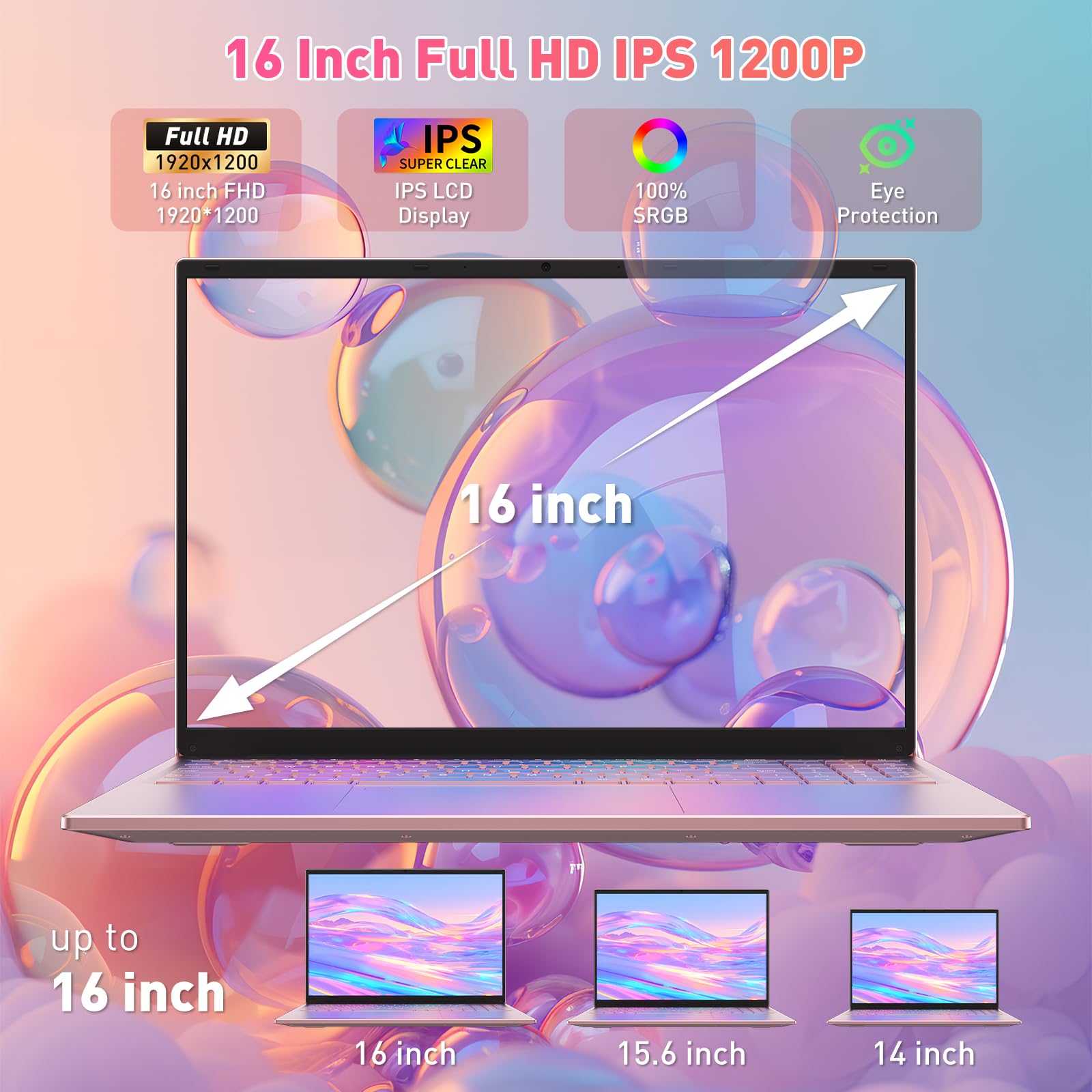 Auusda 16" FHD Traditional Laptop Computers, i3 Processor, WiFi 6 Bluetooth 5.3, Laptops Notebook for Home Office Study, Type-C, Backlit Keyboard, Fingerprint Unlock, Win11 Pro 16GB RAM 1TB SSD Pink