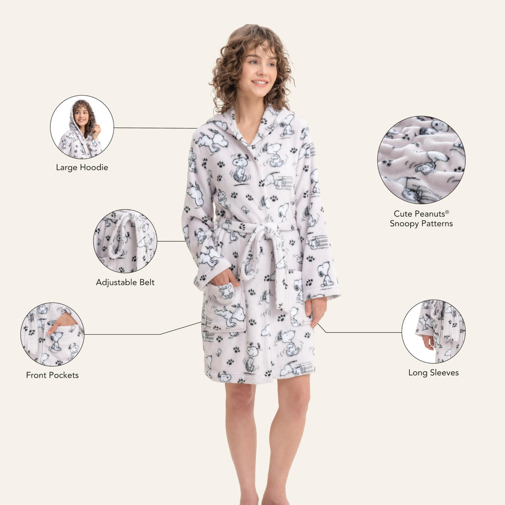 Berkshire Blanket Peanuts® Snoopy VelvetLoft® Soft Lightweight Women Robes, Short Hooded Robe with Pockets, Gifts for Women(Peanuts Poses and Paws Lavender, Medium)