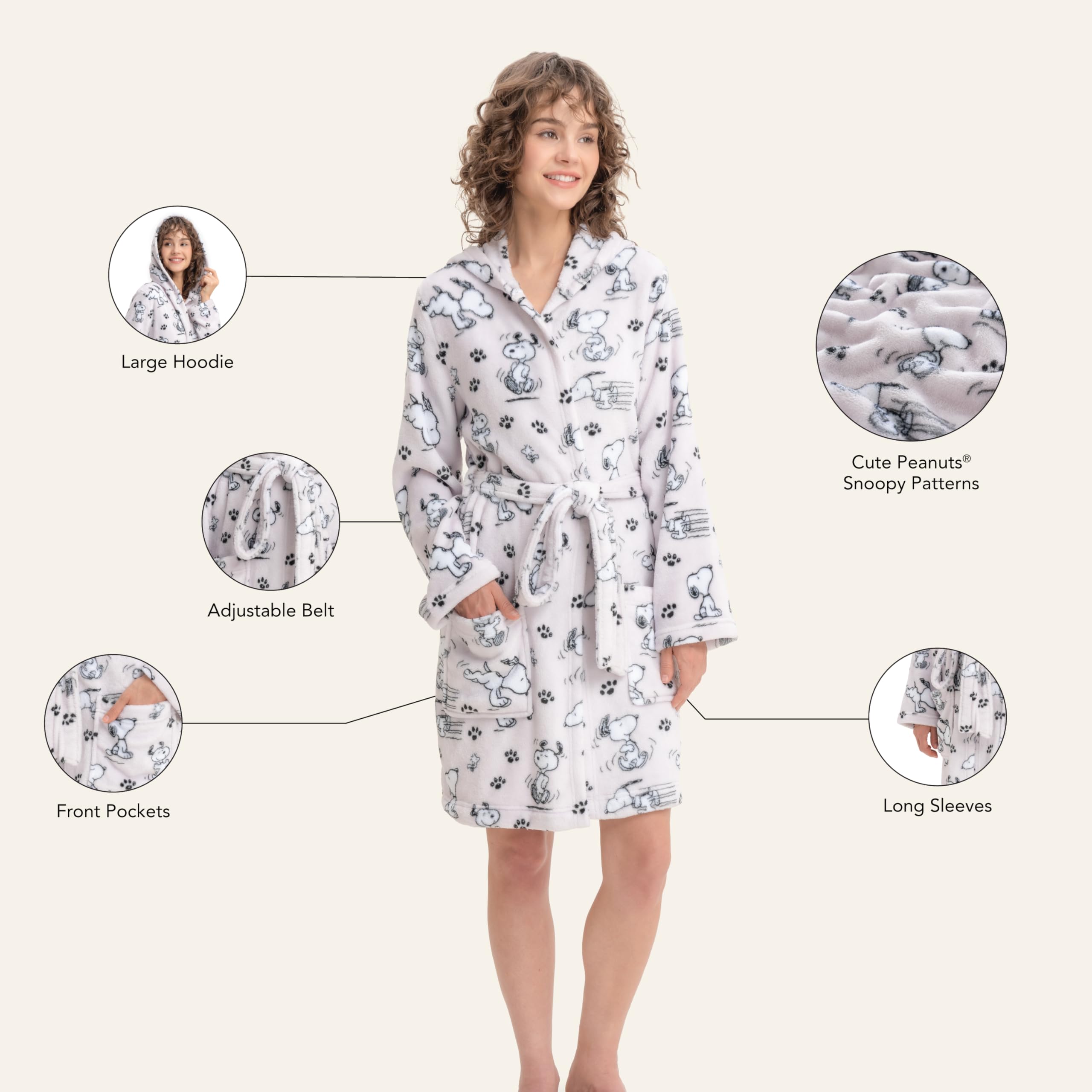 Berkshire Blanket Peanuts® Snoopy VelvetLoft® Soft Lightweight Women Robes, Short Hooded Robe with Pockets, Gifts for Women(Peanuts Poses and Paws Lavender, Medium)