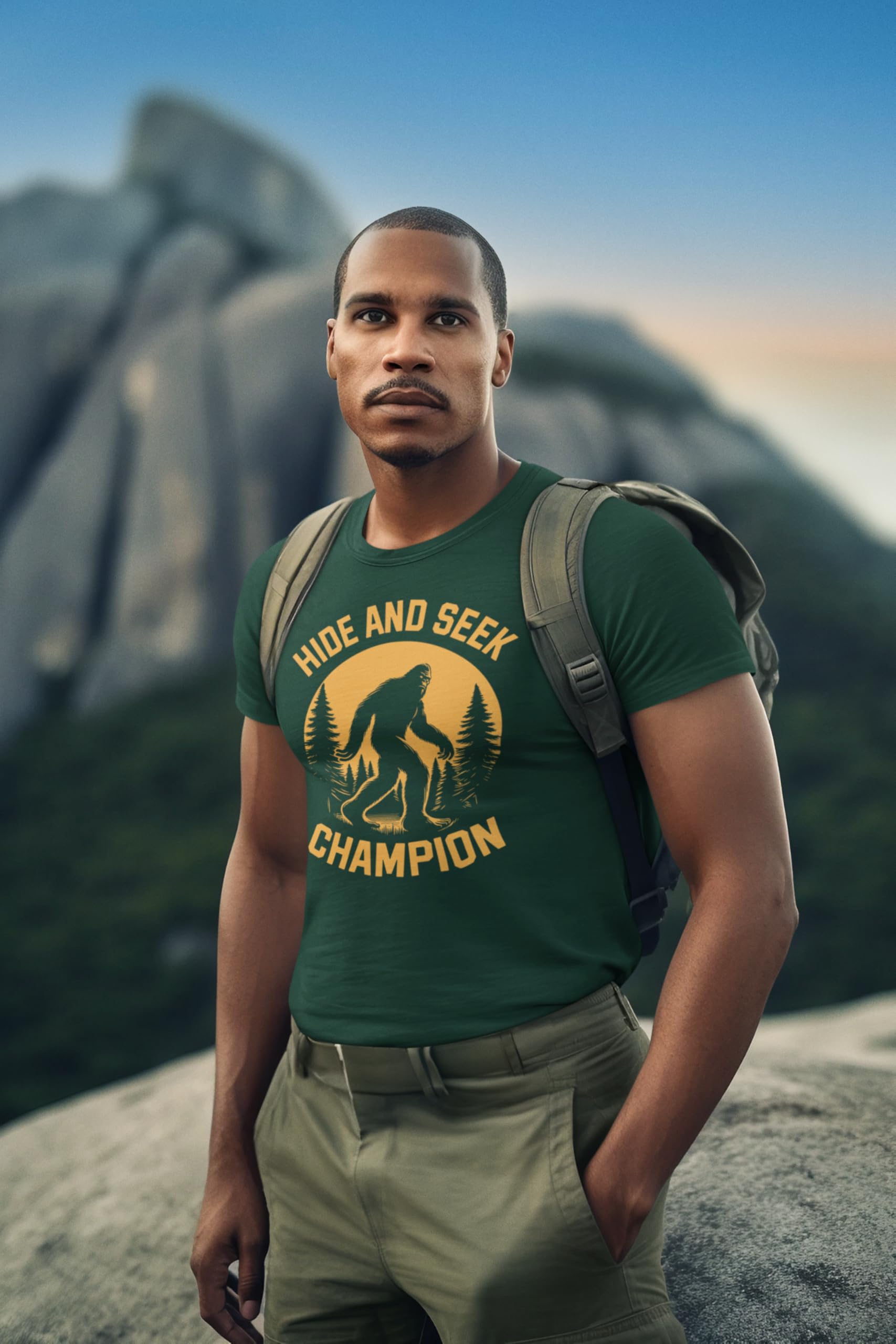 TeeUnion Hide and Seek Champion T-Shirt – Funny Bigfoot Graphic Sarcastic Tee for Men Forest Green