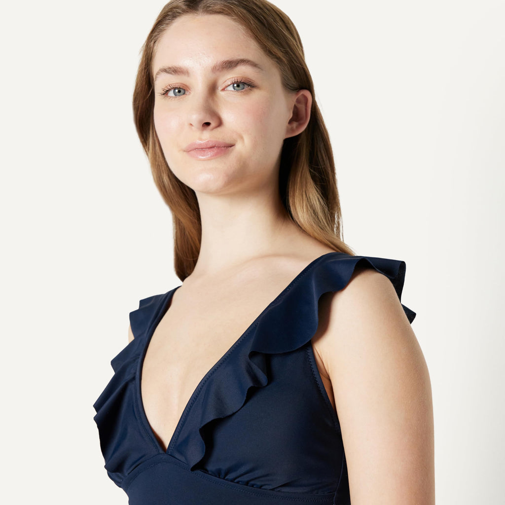 Amazon Essentials Women's Ruffle V-Neck One-Piece Swimsuit, Navy, Small