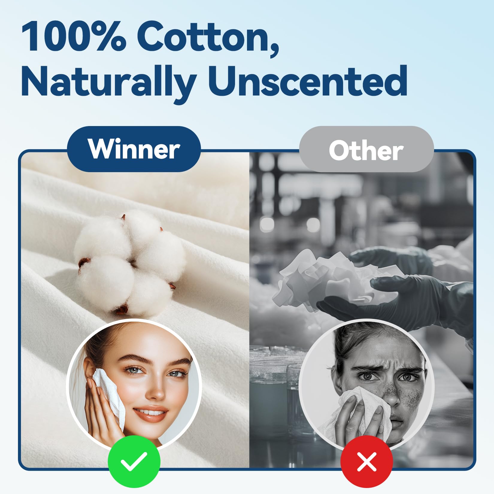 Winner Soft Face Towels, 100% USDA Biobased Facial Towels, Unscented Cotton Tissues for Sensitive Skin, OEKO-TEX Certified Face Towelettes Disposable, Makeup Remover Dry Wipes, 600 Count, Pack of 6